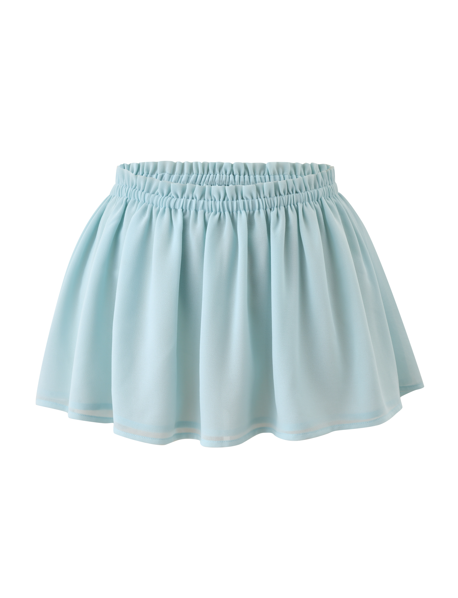 The TIGERMIST VEDA Ruched Mini Skirt in seafoam features an elastic waistband and flared silhouette, shown against a plain white background.