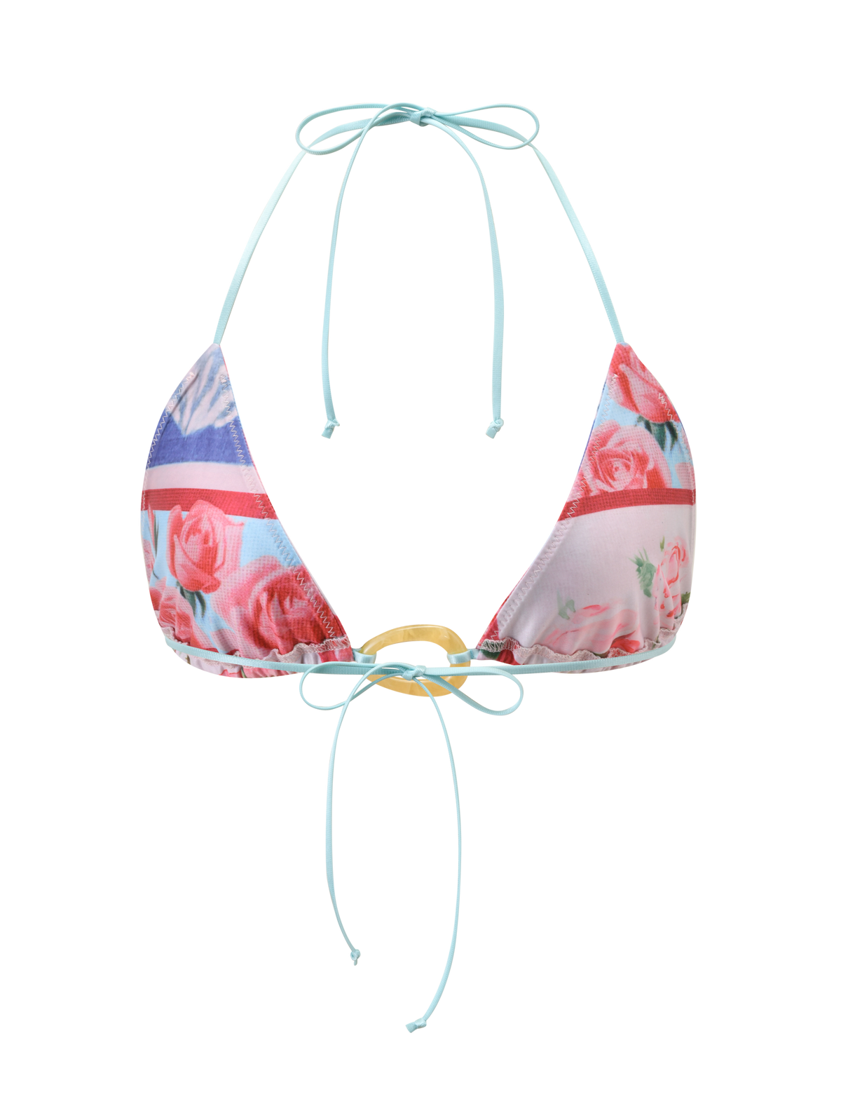 The TIGERMIST FINLEA RESIN RING BIKINI TOP boasts a floral postcard print with pink, red, and blue stripes, light blue halter neck straps, and a decorative gold ring at the front.