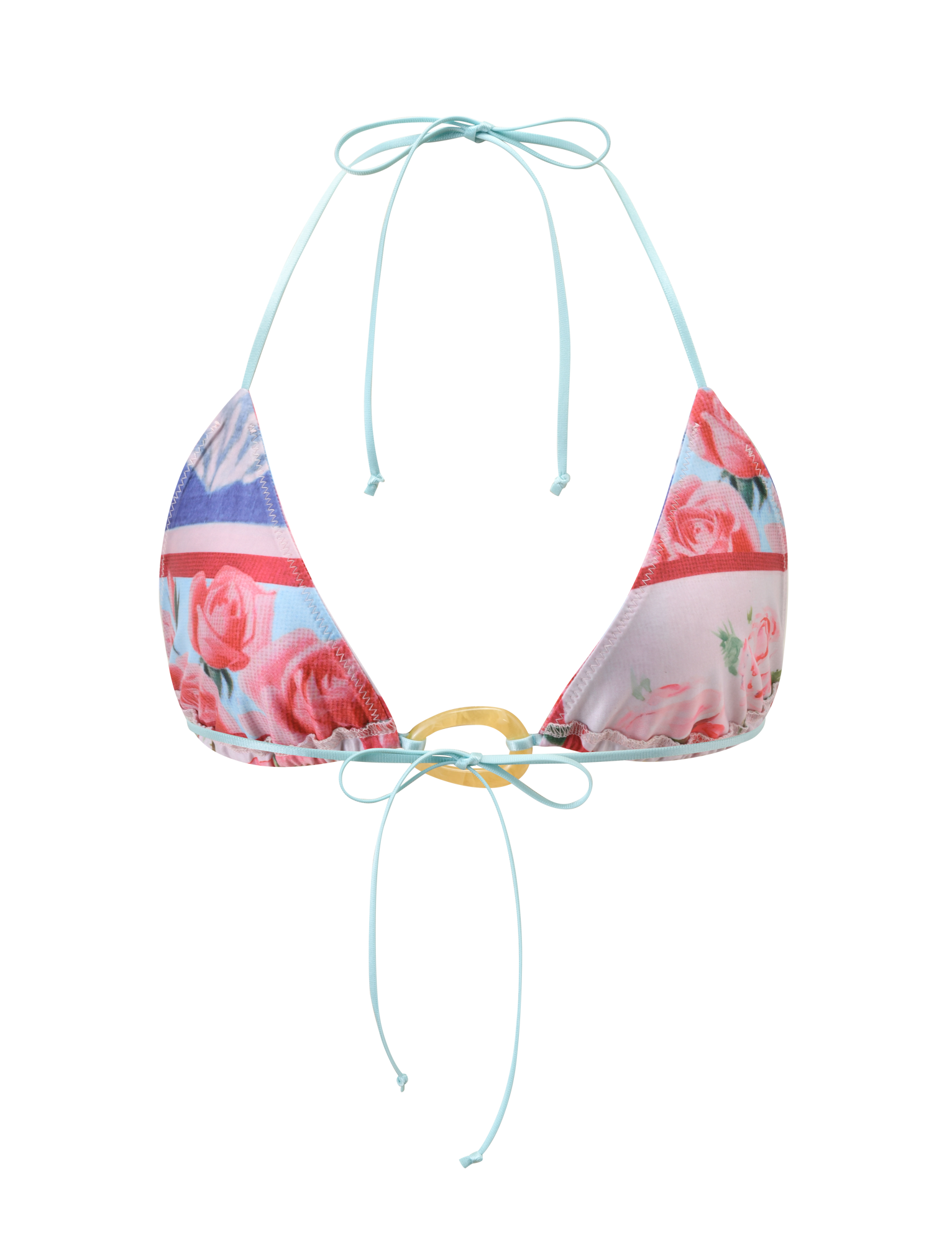 The TIGERMIST FINLEA RESIN RING BIKINI TOP boasts a floral postcard print with pink, red, and blue stripes, light blue halter neck straps, and a decorative gold ring at the front.
