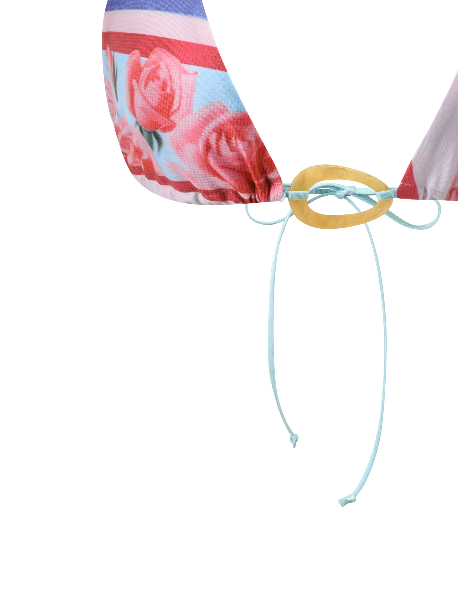 Close-up of the TIGERMIST FINLEA RESIN RING BIKINI TOP in postcard print, with pink and red florals, a yellow resin oval ring center, and light blue adjustable halter neck strings. Set against a white background.