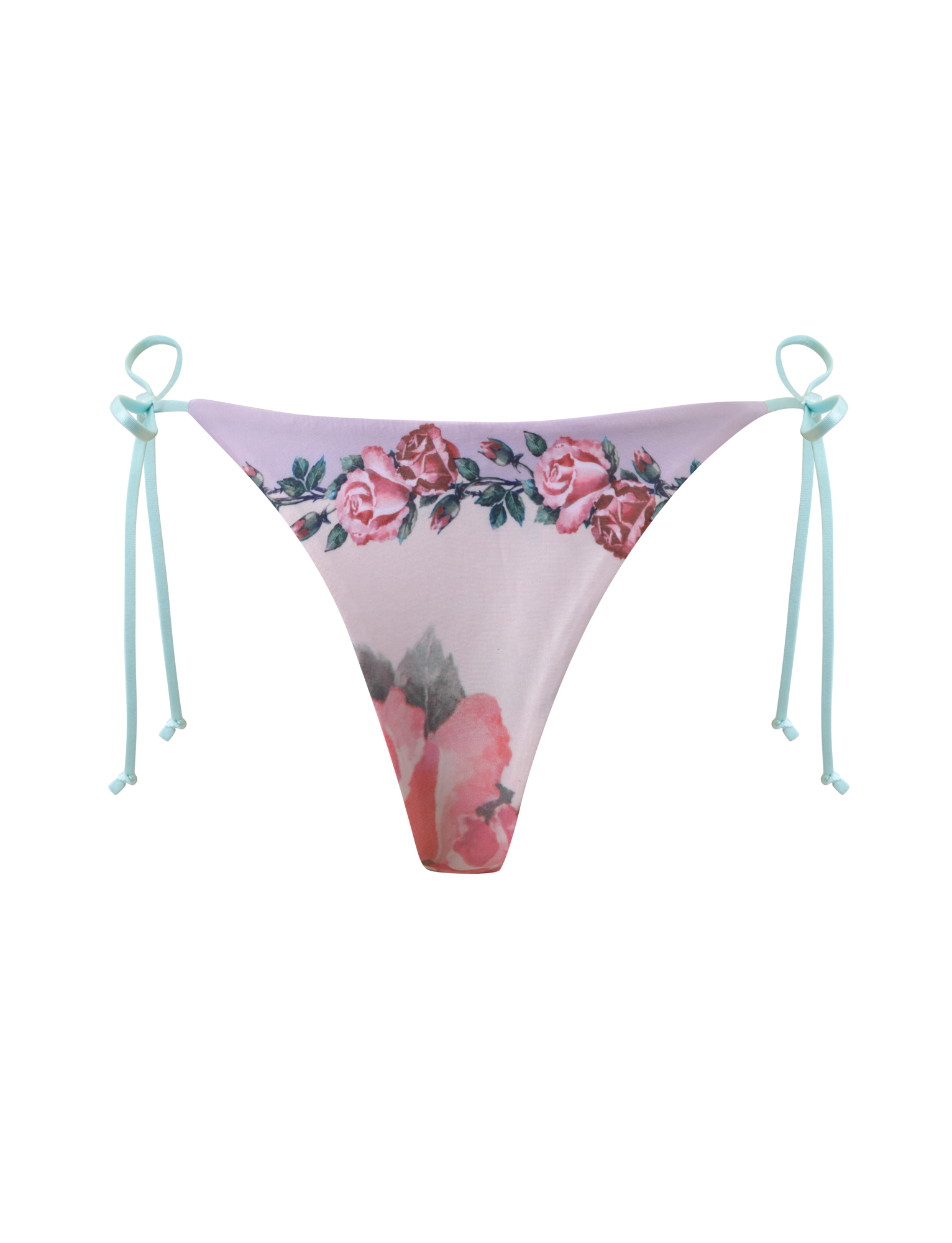 The TIGERMIST FINLEA RESIN RING BIKINI BOTTOM - POSTCARD PRINT showcases a floral rose pattern, light blue side ties, resin ring details, and a cheeky cut on a white base.