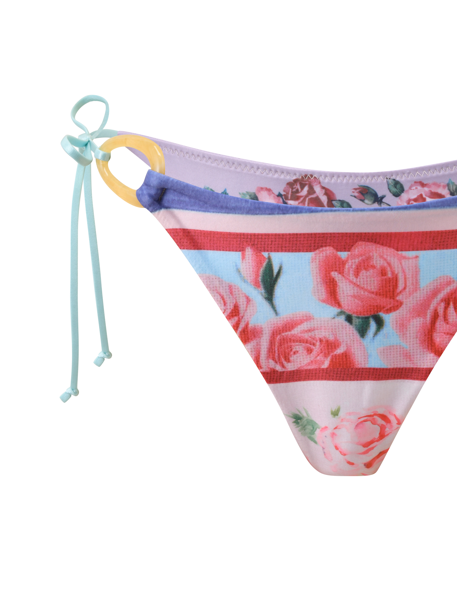 Close-up of the TIGERMIST FINLEA RESIN RING BIKINI BOTTOM - POSTCARD PRINT, featuring a cheeky cut, floral postcard print with pink, blue, and red stripes, yellow resin ring detail, and a light blue side-tie bow on a white background.