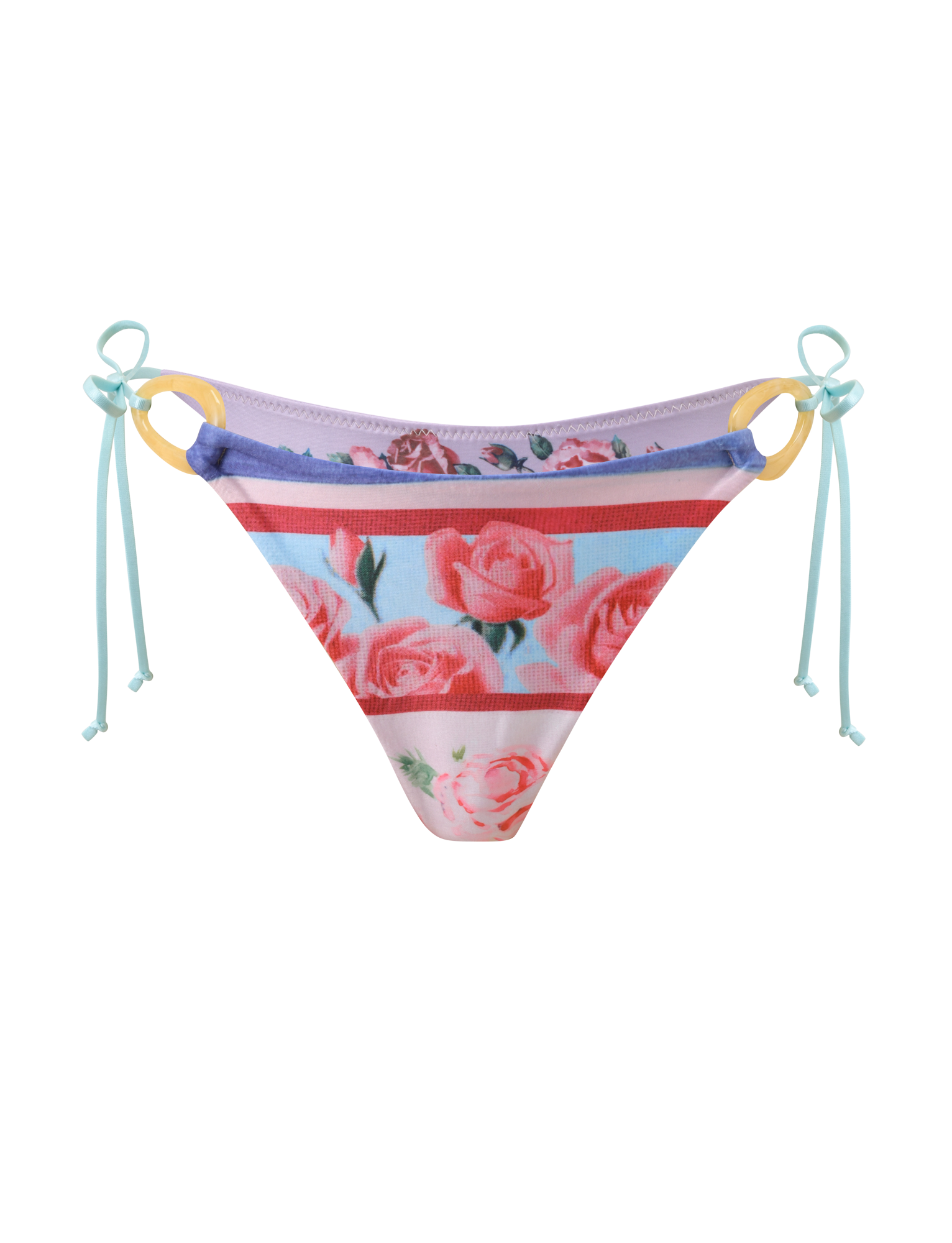 The FINLEA RESIN RING BIKINI BOTTOM by TIGERMIST features a fresh white base with a floral postcard print of pink and red roses, purple trim, yellow resin side rings, and light blue string ties.