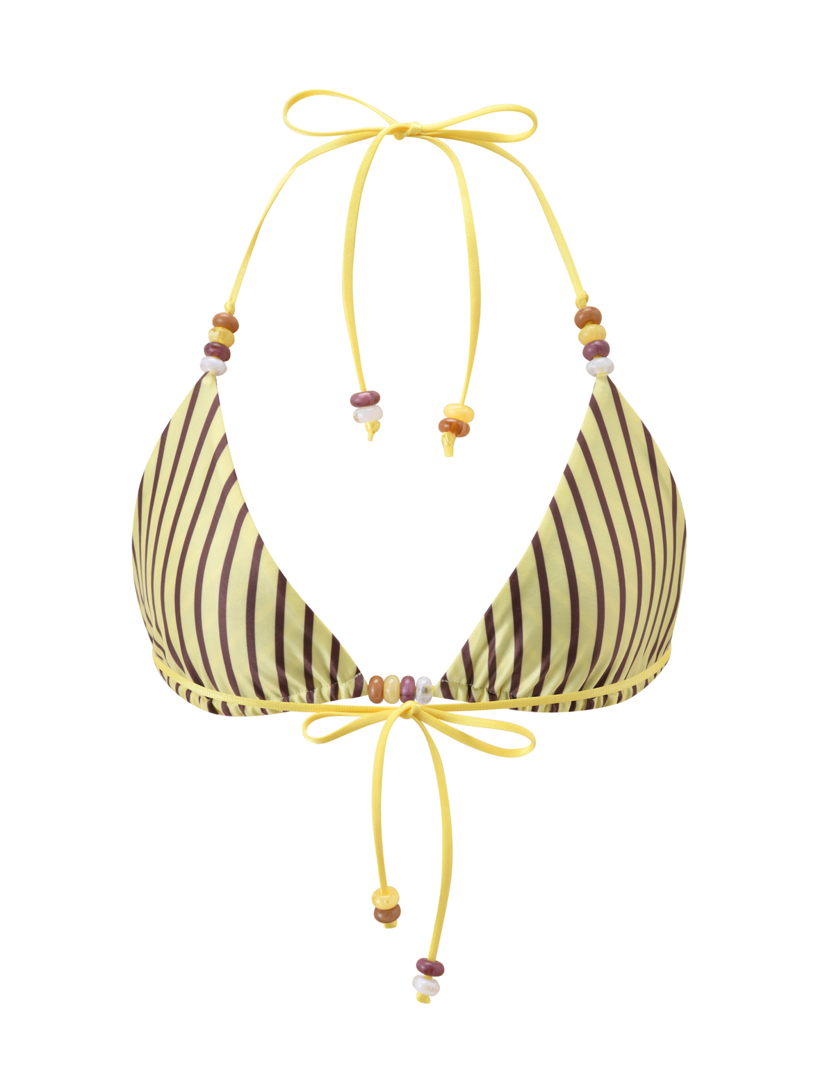 The FINLEA REVERSIBLE BIKINI TOP by TIGERMIST features brown and yellow stripes, adjustable yellow ties at the neck and back, and colorful bead accents—perfect for a trendy halter style.