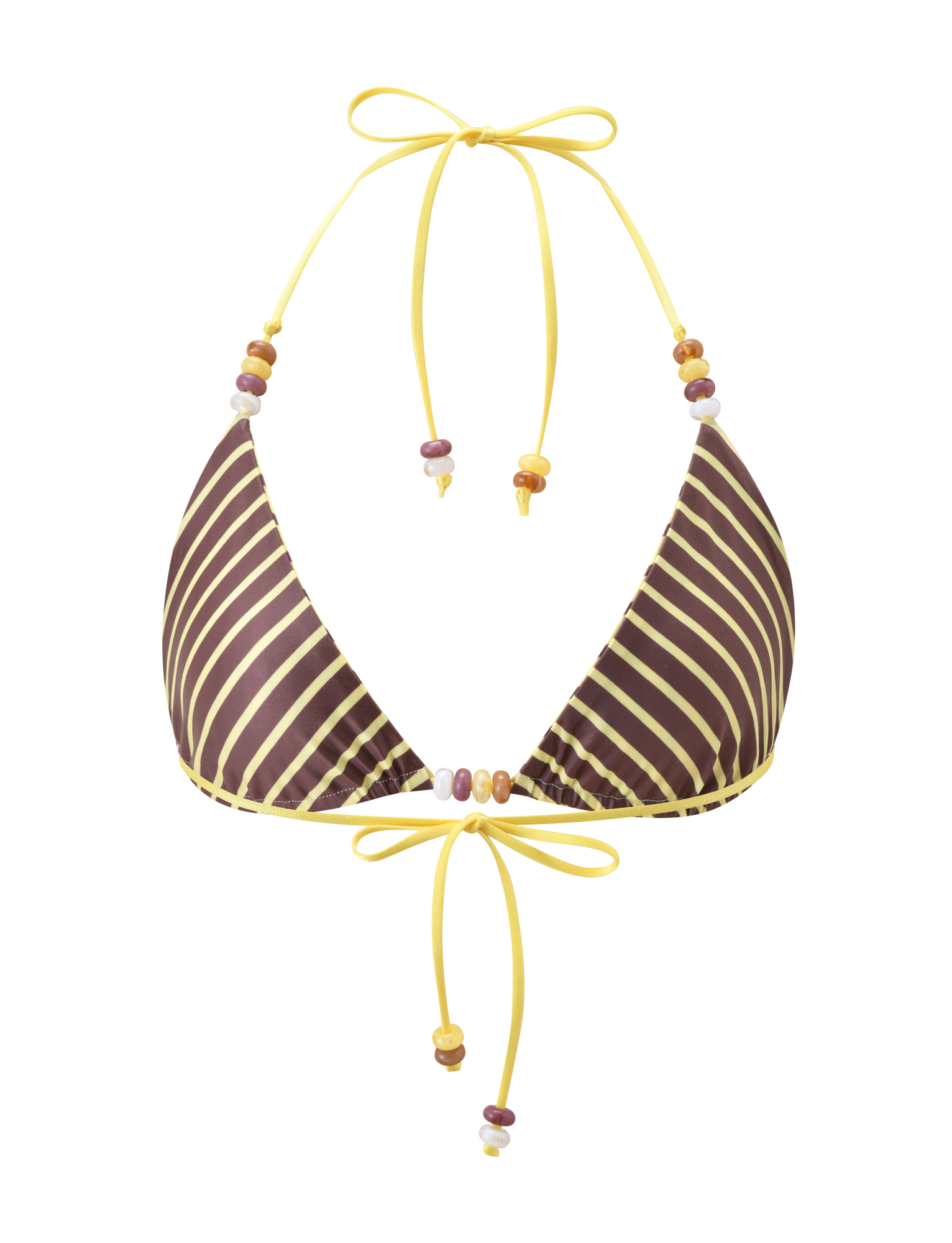 The FINLEA REVERSIBLE BIKINI TOP by TIGERMIST features brown and yellow stripes, yellow strings, and colorful bead accents on the straps and center. The product is displayed against a plain white background.
