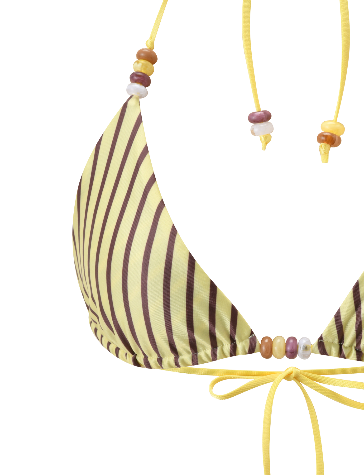 A close-up of the TIGERMIST FINLEA REVERSIBLE BIKINI TOP in brown and yellow stripes, featuring yellow strings and colorful beads on the halter neck strap, set against a white background.