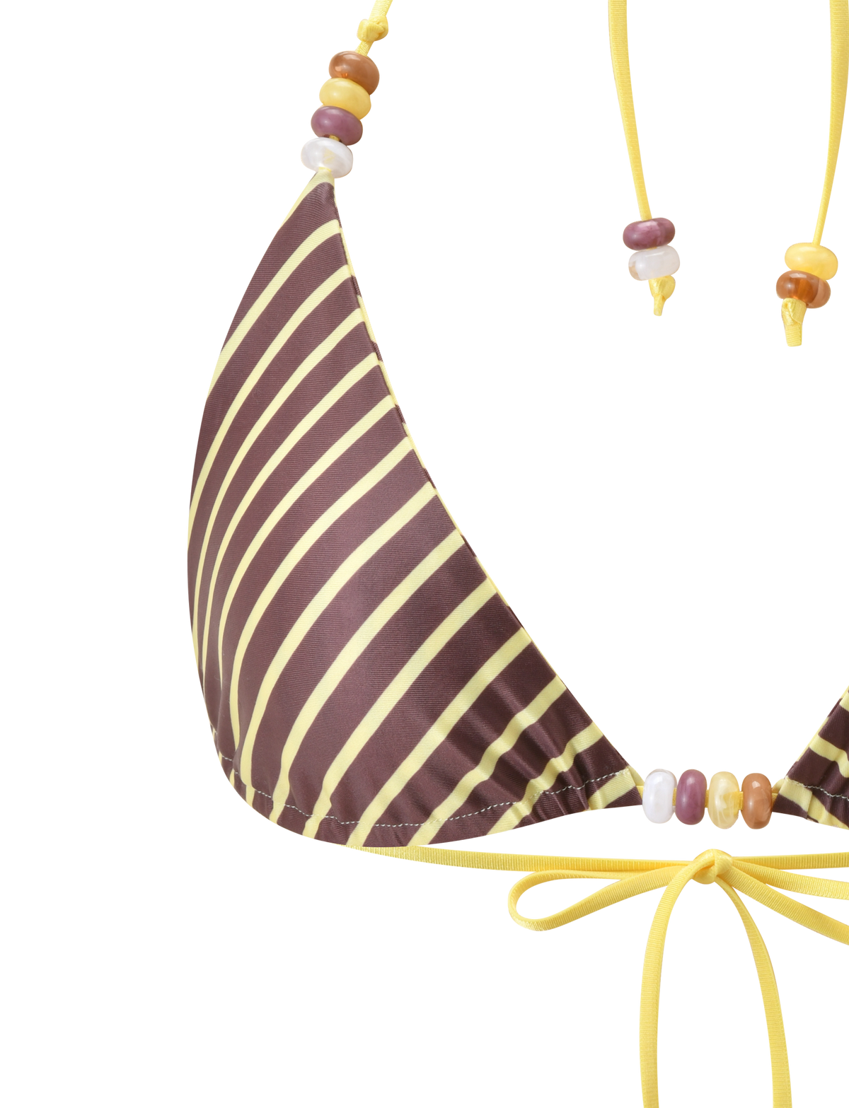 The FINLEA REVERSIBLE BIKINI TOP by TIGERMIST features brown and yellow stripes, yellow strings, and multicolored beads in yellow, brown, and white, shown against a white background.