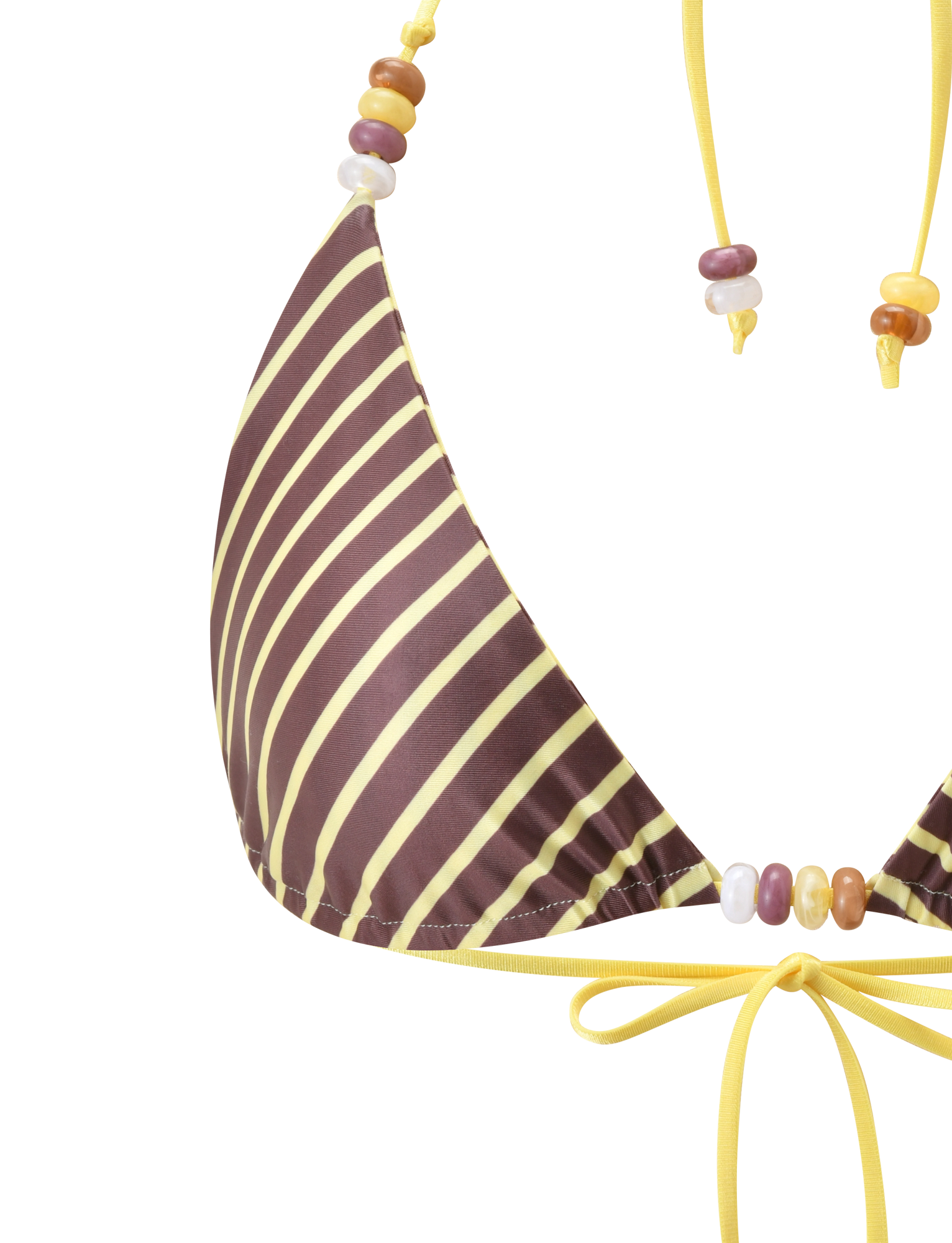 Close-up of the TIGERMIST FINLEA REVERSIBLE BIKINI TOP in brown and yellow stripes, featuring a halter neckline with yellow string ties and decorative beads in yellow, brown, and white on the straps.