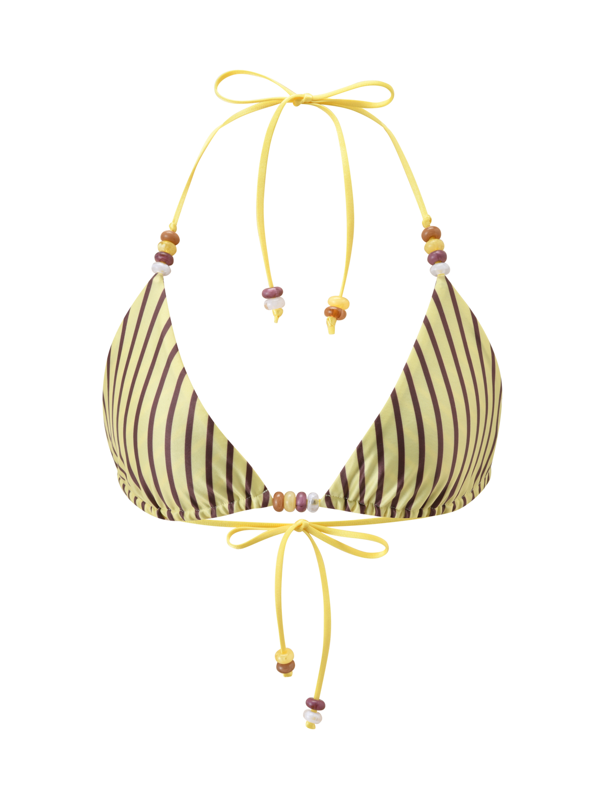 The TIGERMIST FINLEA REVERSIBLE BIKINI TOP features brown and yellow stripes with multicolored bead accents on the straps and ties, shown against a plain white background.