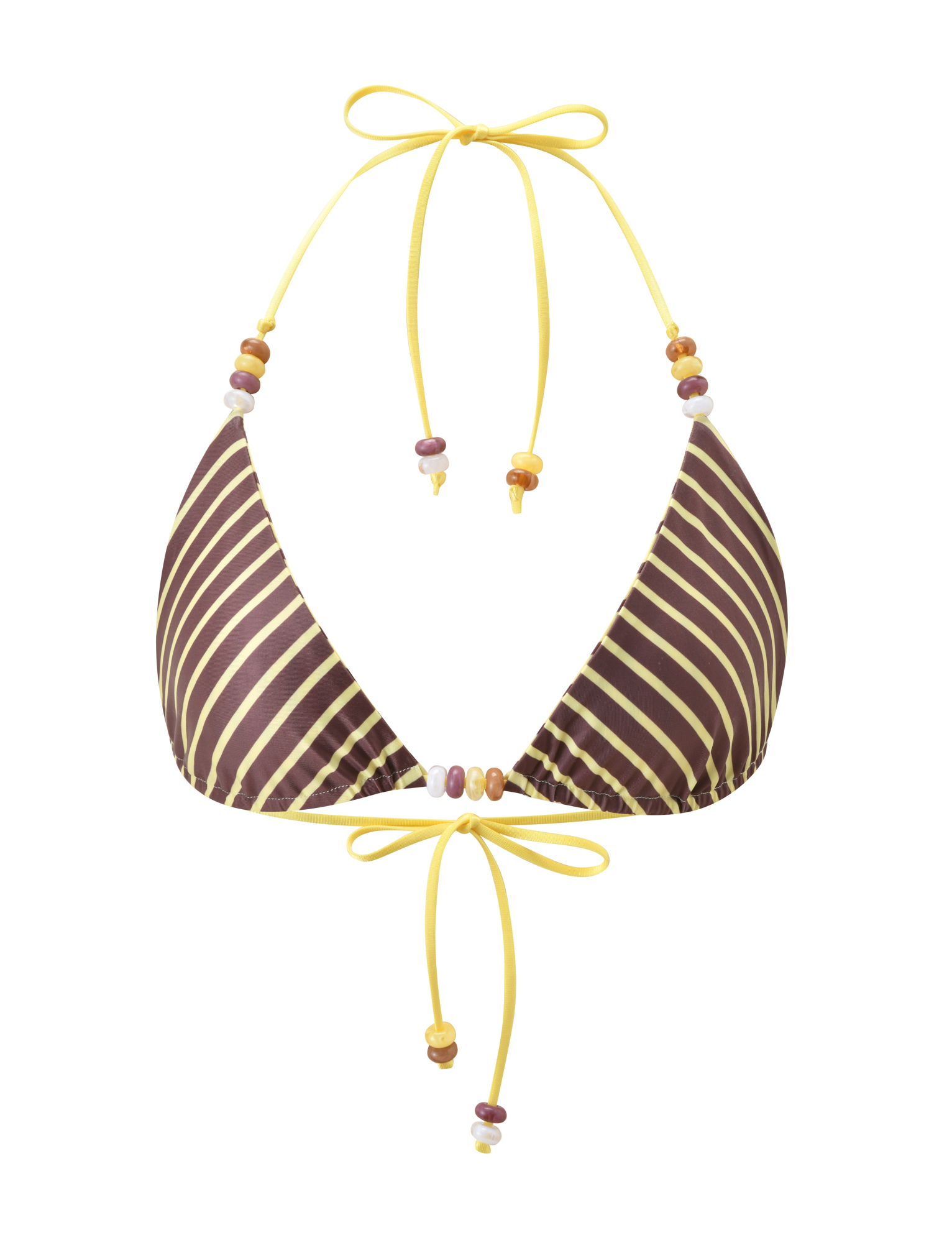 The FINLEA REVERSIBLE BIKINI TOP by TIGERMIST features brown and yellow stripes, a halter neck with yellow strings, and colorful beads on the straps and center, shown on a white background.