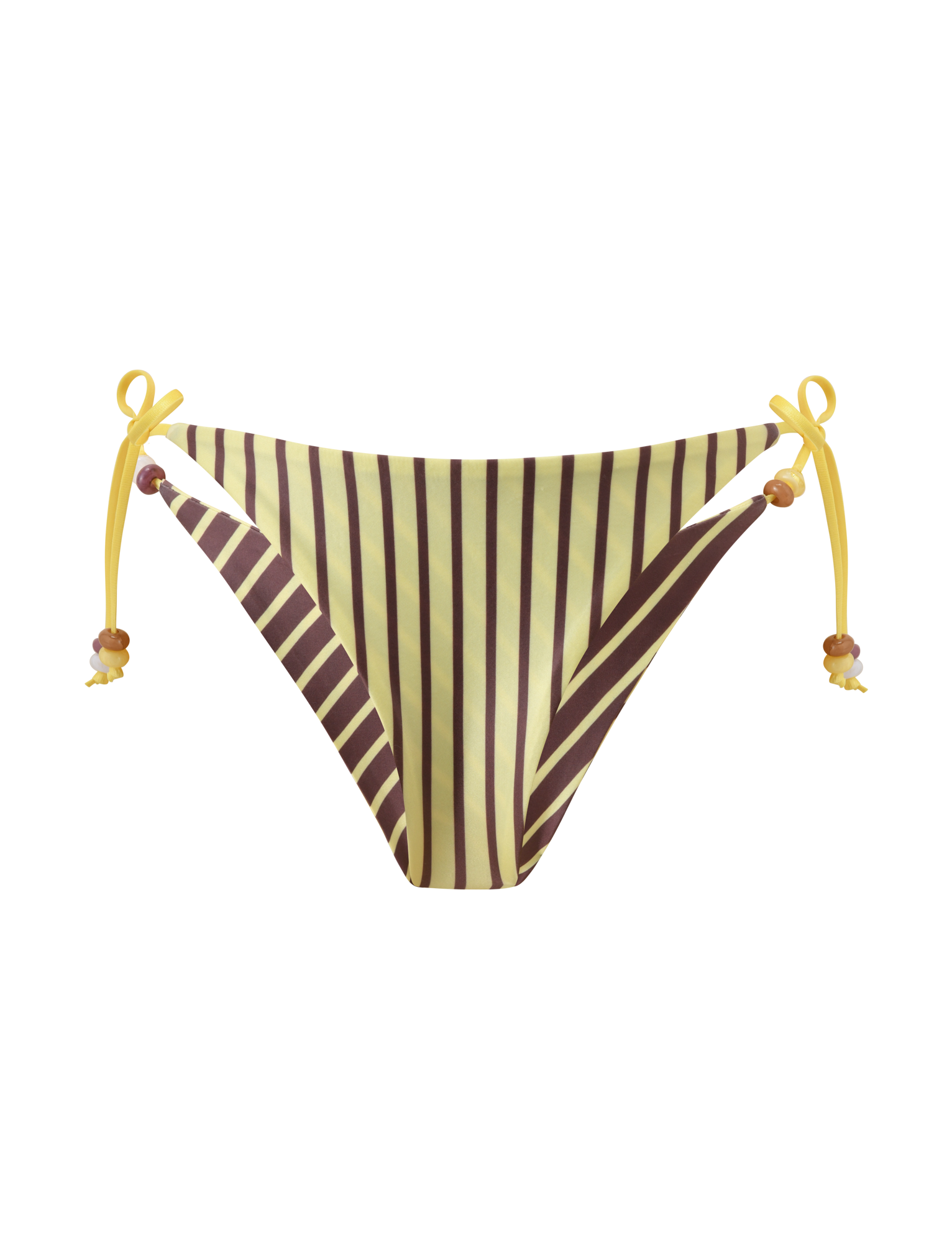 The TIGERMIST FINLEA REVERSIBLE BIKINI BOTTOM in brown and yellow stripe features yellow beaded side ties and a cheeky cut, shown on a plain white background.