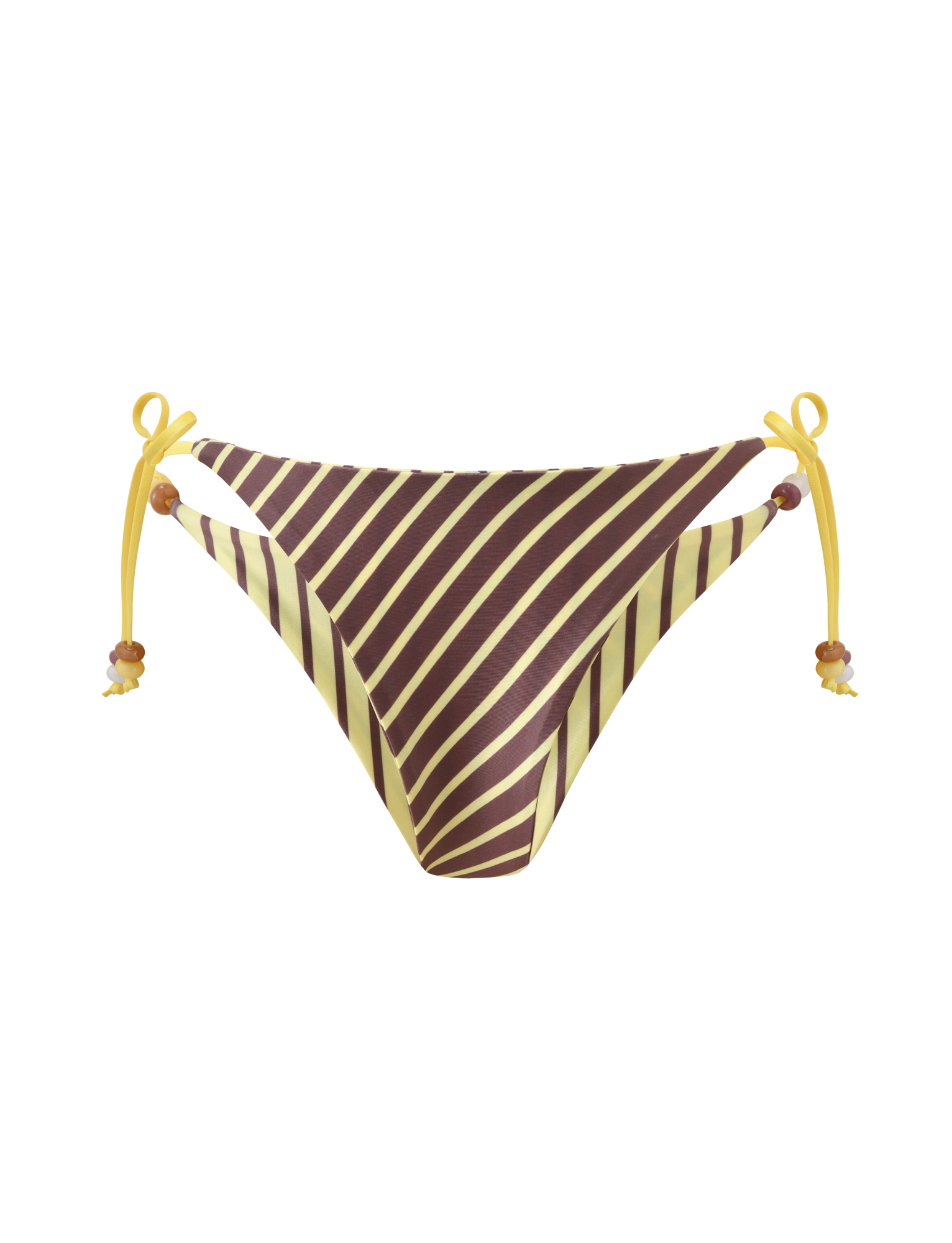 The TIGERMIST FINLEA REVERSIBLE BIKINI BOTTOM in brown and yellow stripe features a cheeky cut, side ties with beaded ends, and is displayed on a plain white background.