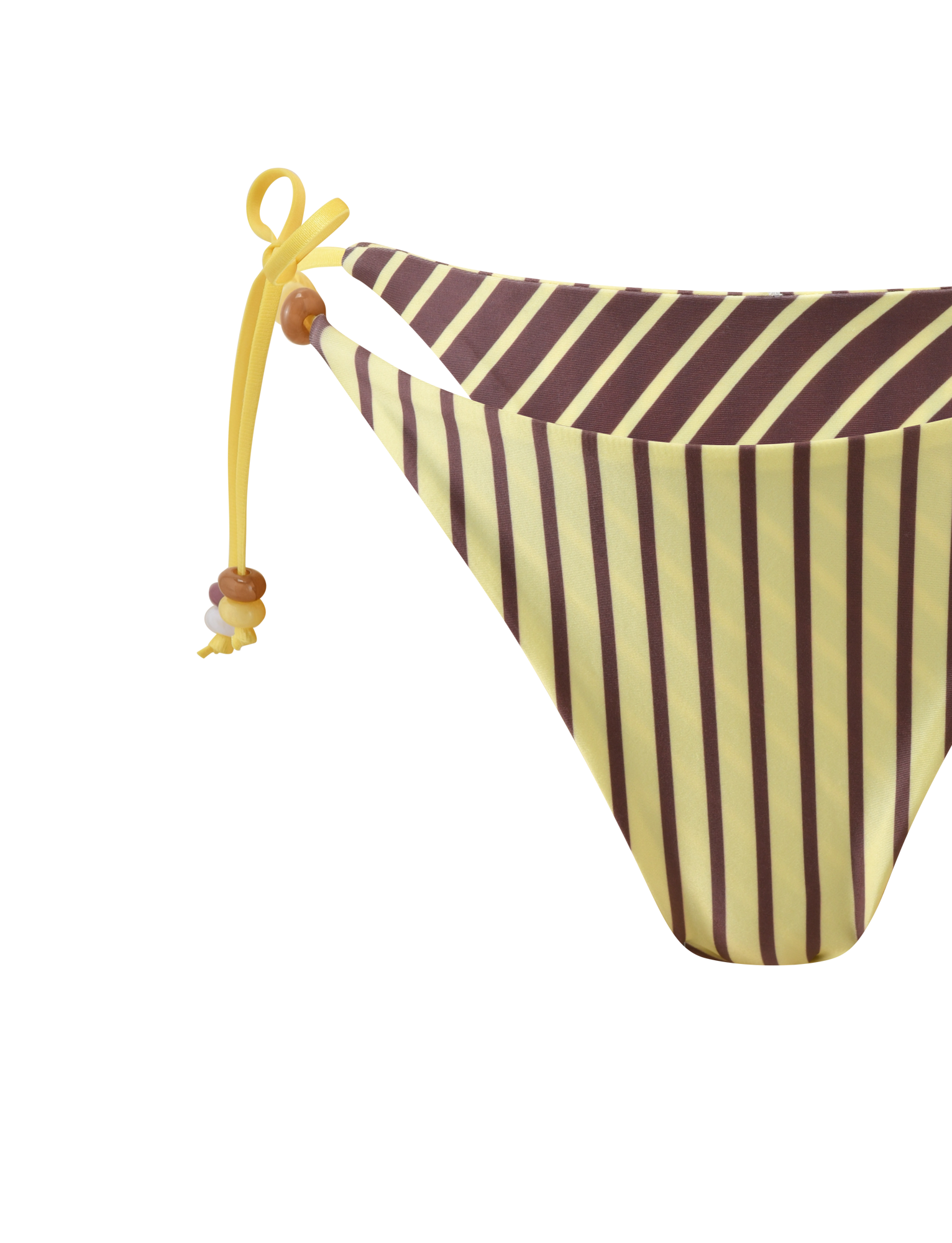 The FINLEA REVERSIBLE BIKINI BOTTOM by TIGERMIST features diagonal brown and yellow stripes, a yellow side tie with round beaded accents, and is displayed on a plain white background.