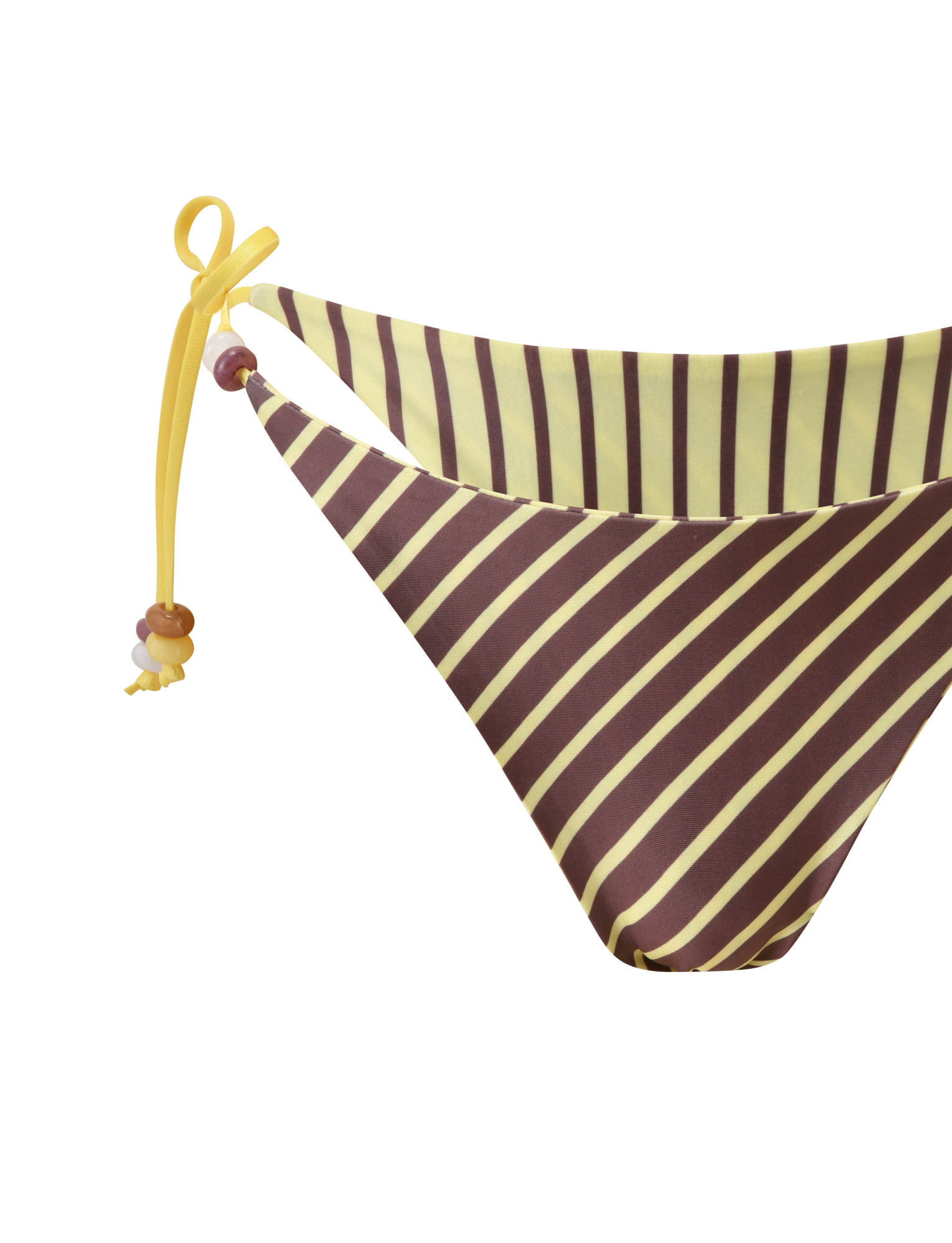 The FINLEA REVERSIBLE BIKINI BOTTOM by TIGERMIST features diagonal brown and yellow stripes, yellow side ties, and left-string beaded details, showcased in a close-up against a white background.