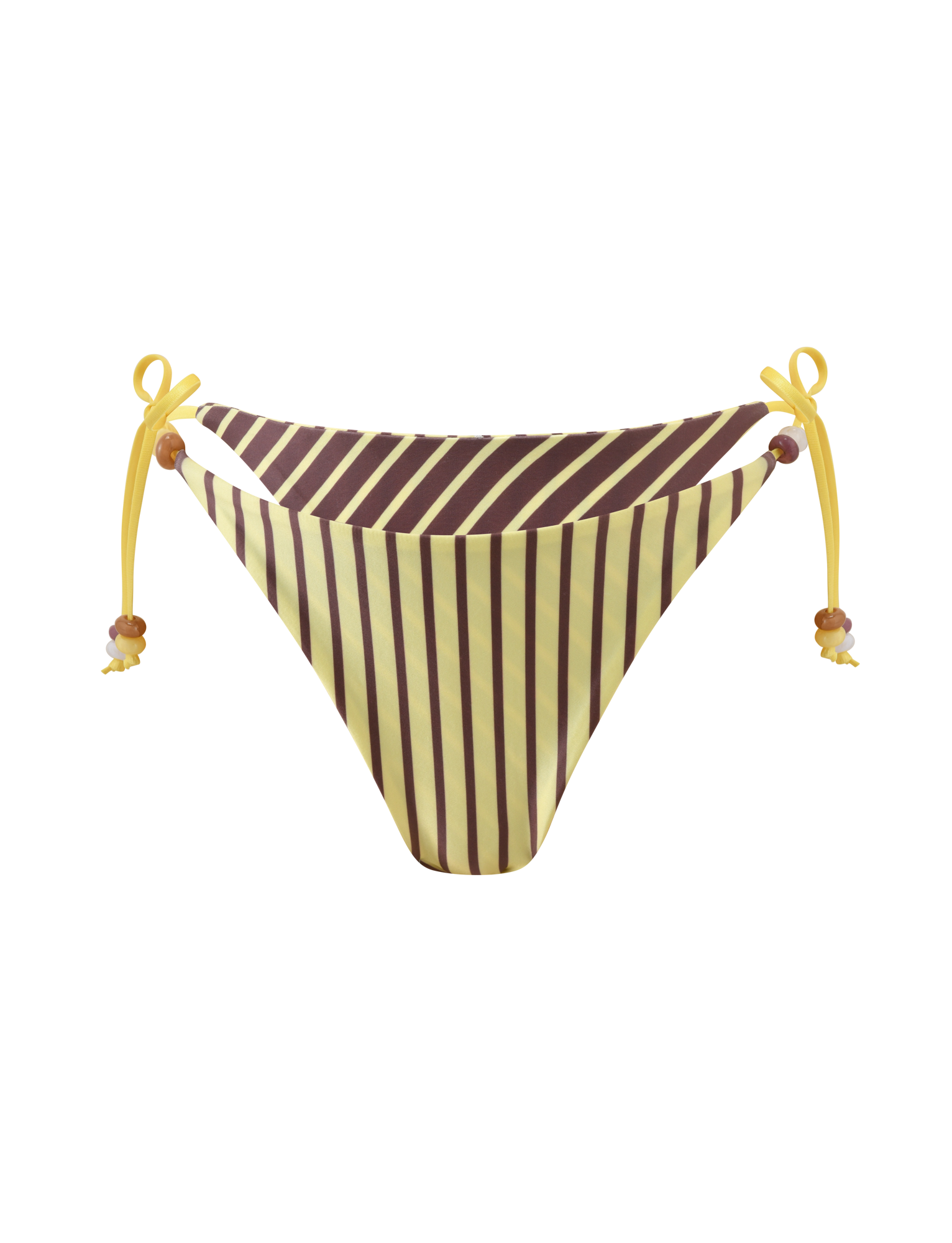 The TIGERMIST FINLEA REVERSIBLE BIKINI BOTTOM in brown and yellow stripe features yellow side ties with bead details, shown on a white background.