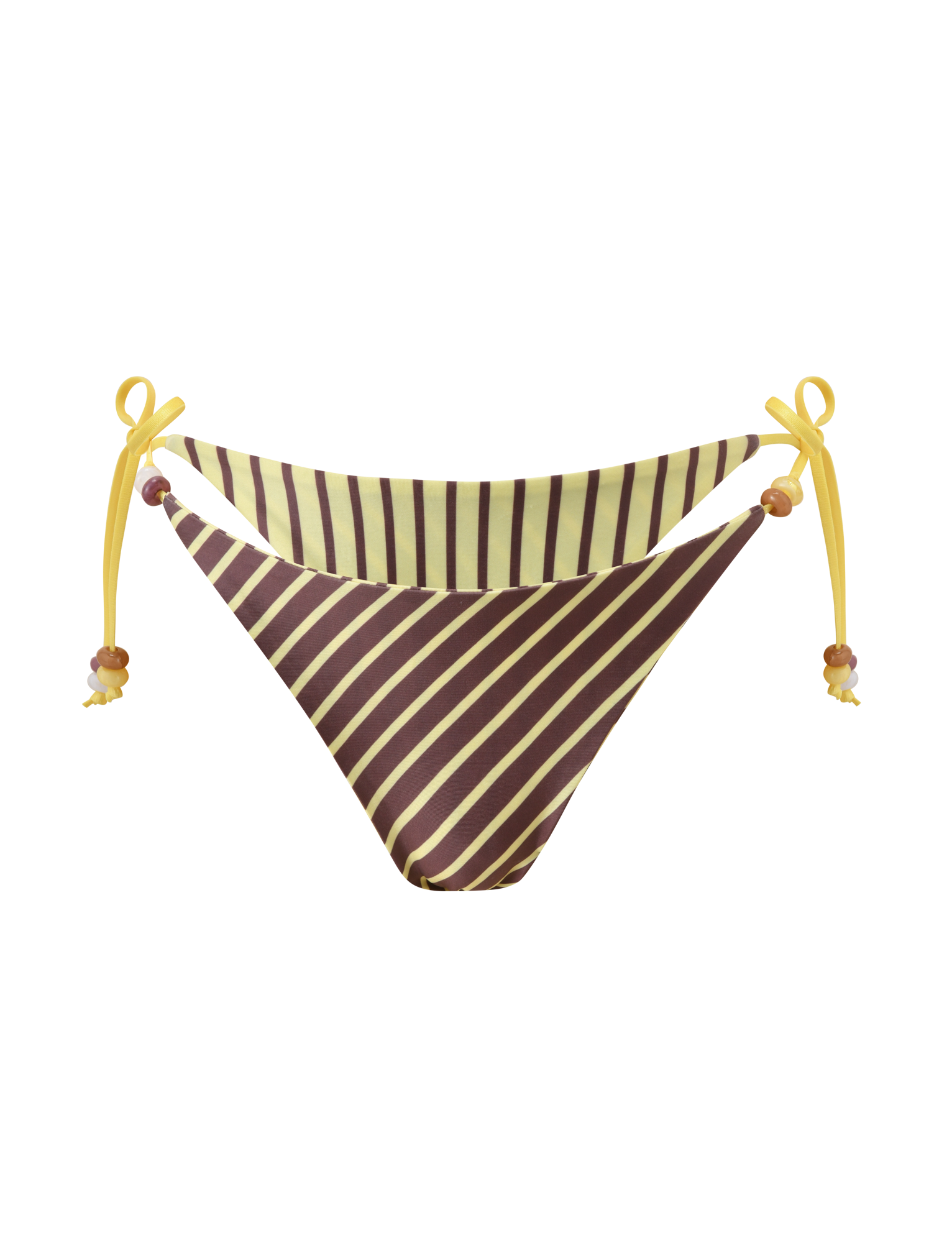 The TIGERMIST FINLEA REVERSIBLE BIKINI BOTTOM features brown and yellow stripes, yellow side ties with beads, and a cheeky cut. Displayed on a plain white background.