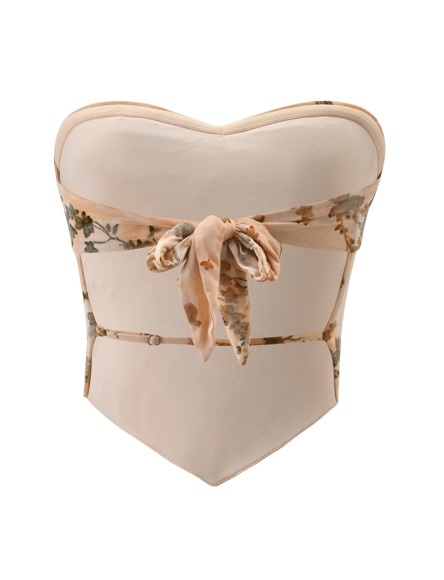 The TIGERMIST OONA BURN OUT FRINGE TOP in tan is a strapless, fitted bustier with a floral-print chiffon tie at the front, a sweetheart neckline, and structured handkerchief design for an elegant look.