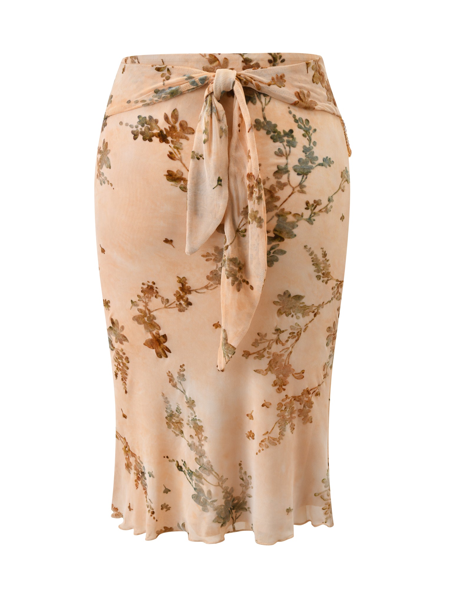 The TIGERMIST OONA BURN OUT FRINGE SKIRT in tan features a beige floral midi design with a subtle green and brown print, a tie detail at the waist, removable waistband, and a straight silhouette.
