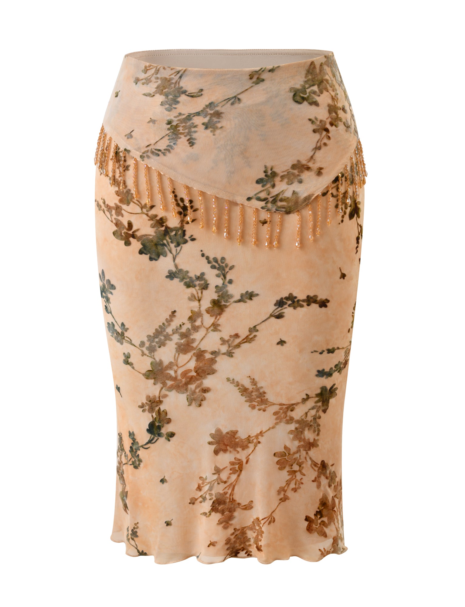 The OONA BURN OUT FRINGE SKIRT - TAN by TIGERMIST is a beige midi skirt with green and brown floral tones, featuring a beaded fringe at the front waist and a removable waistband for versatile styling.