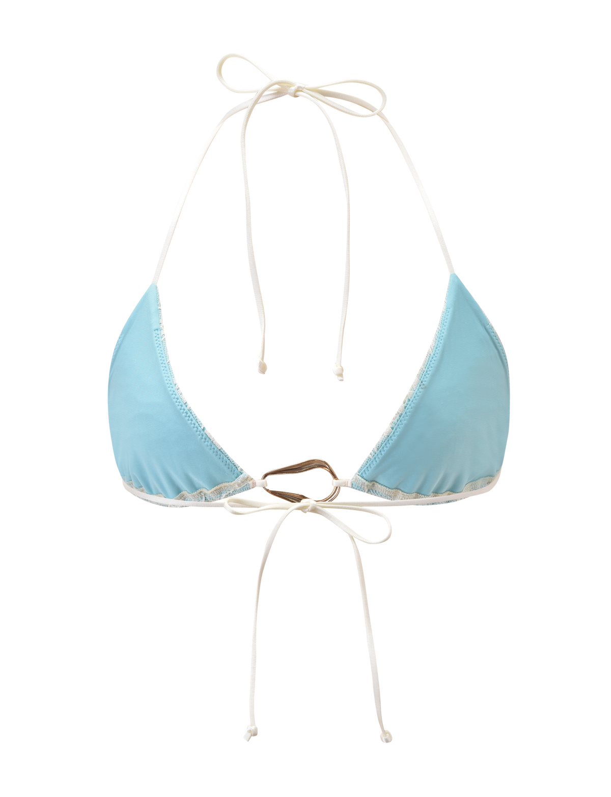 The TIGERMIST SIKA BIKINI TOP - BLUE LACE is a triangle aqua bikini top with thin white adjustable halter straps for tying around the neck and back, shown on a plain white background.