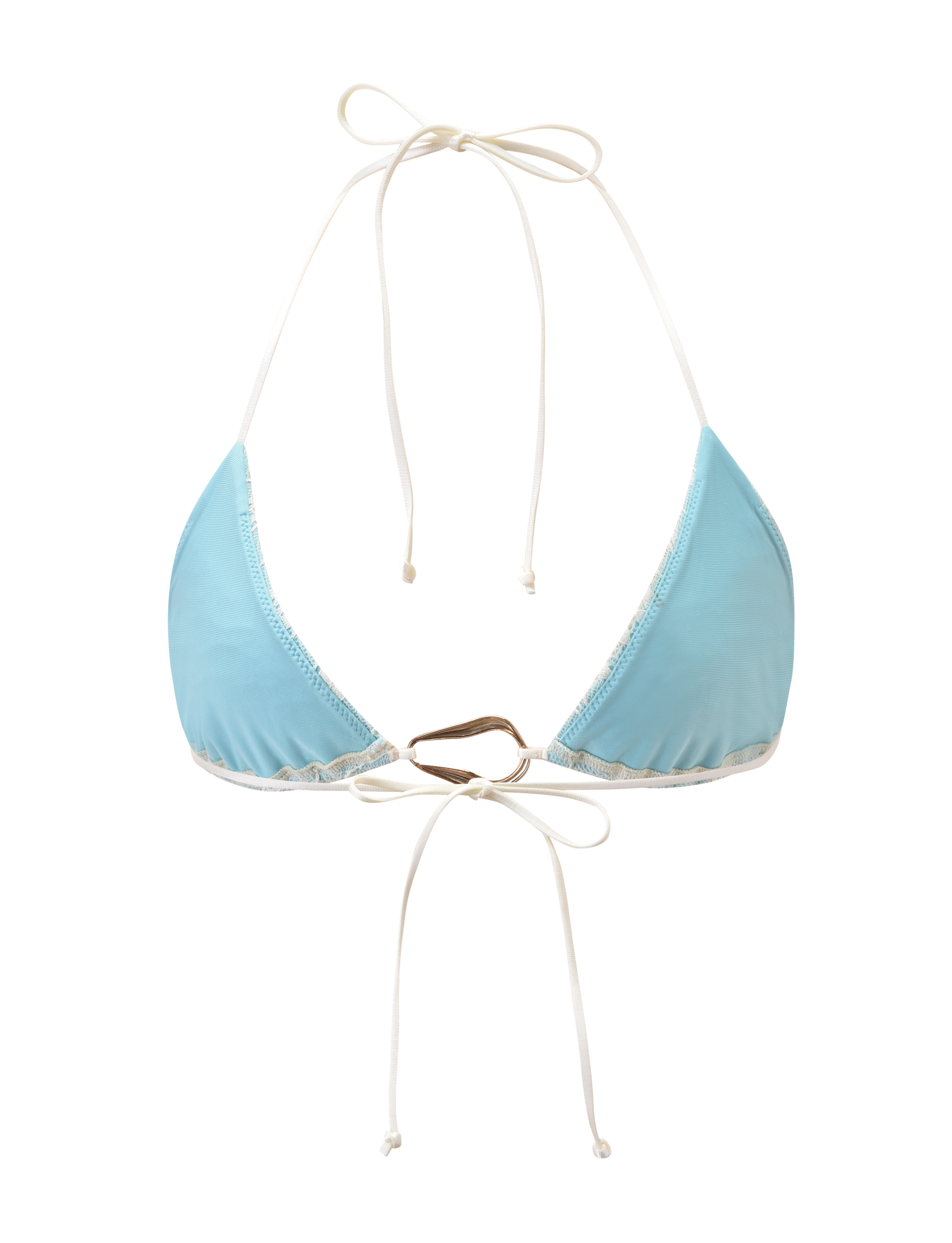 The TIGERMIST SIKA BIKINI TOP - BLUE LACE is a triangle aqua bikini top with thin white adjustable halter straps for tying around the neck and back, shown on a plain white background.