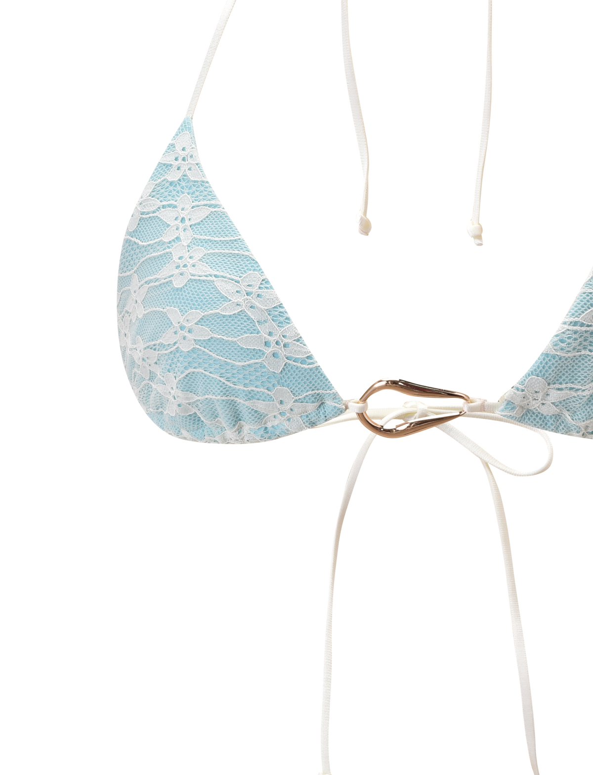 The SIKA BIKINI TOP - BLUE LACE by TIGERMIST features a close-up of a triangle aqua top with white floral patterns, adjustable halter neck ties, and a decorative gold metal accent at the center front.