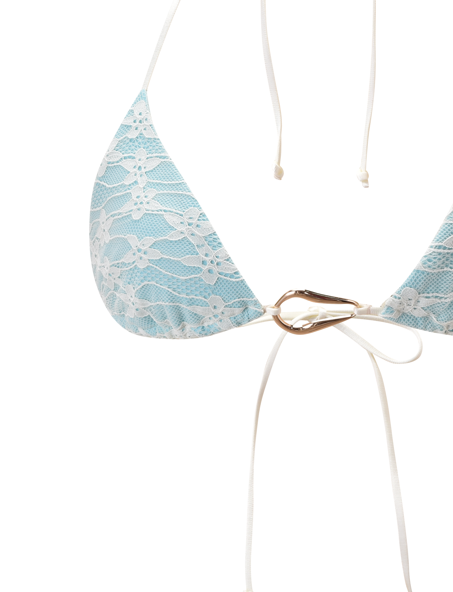 The SIKA BIKINI TOP - BLUE LACE by TIGERMIST features a close-up of a triangle aqua top with white floral patterns, adjustable halter neck ties, and a decorative gold metal accent at the center front.