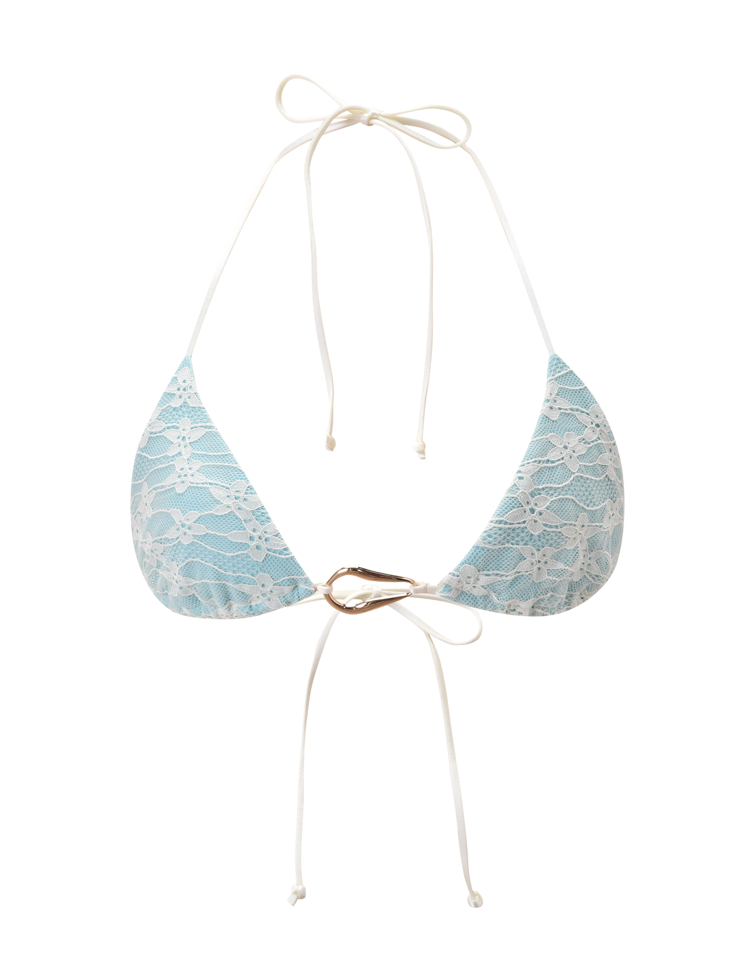 The SIKA BIKINI TOP - BLUE LACE by TIGERMIST features a triangle aqua design with cream lace overlay, adjustable halter neck and back ties, and a decorative gold ring at the center. Shown on a plain white background.
