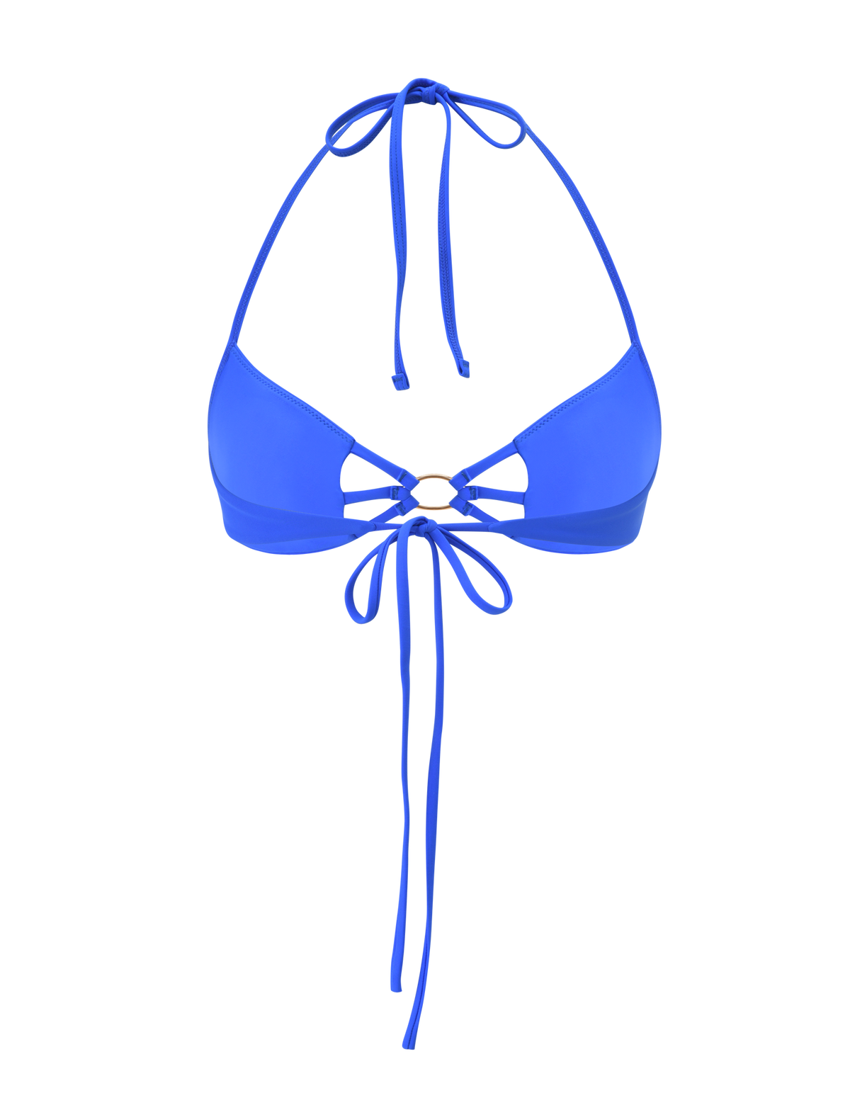 The SHARLI BIKINI TOP by TIGERMIST in cobalt blue features a halter neck, back tie closure, gold ring detail at the center front, stylish cut-out accents, and extra string ties below the bust.