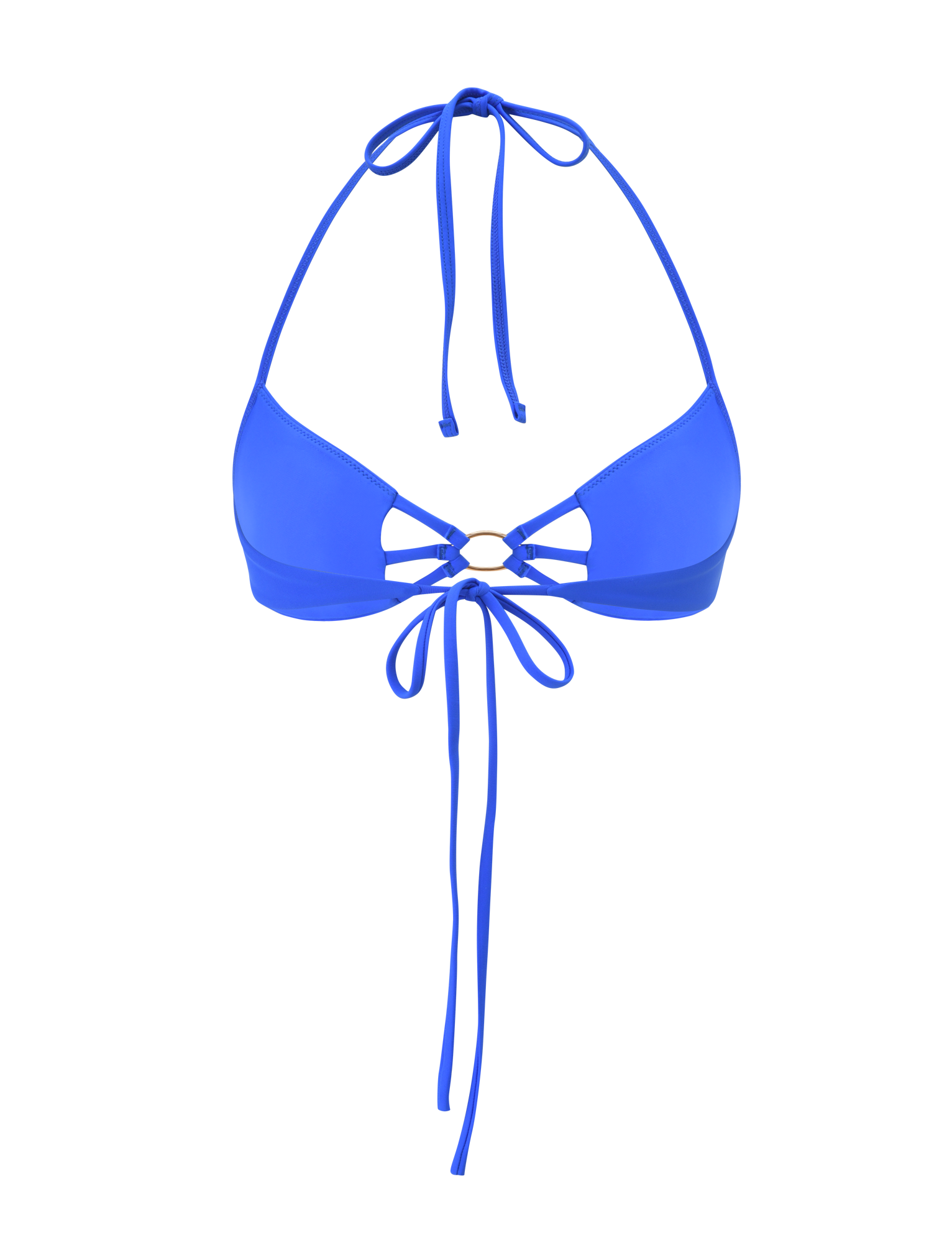 The SHARLI BIKINI TOP by TIGERMIST in cobalt blue features a halter neck, back tie closure, gold ring detail at the center front, stylish cut-out accents, and extra string ties below the bust.