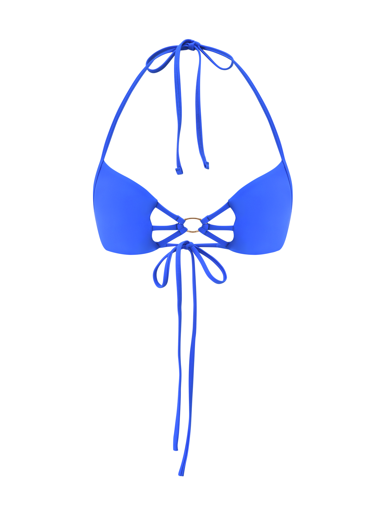 The SHARLI BIKINI TOP by TIGERMIST in cobalt blue features a halter neck, long tie straps, a gold center ring, and a chic cut-out between the cups.