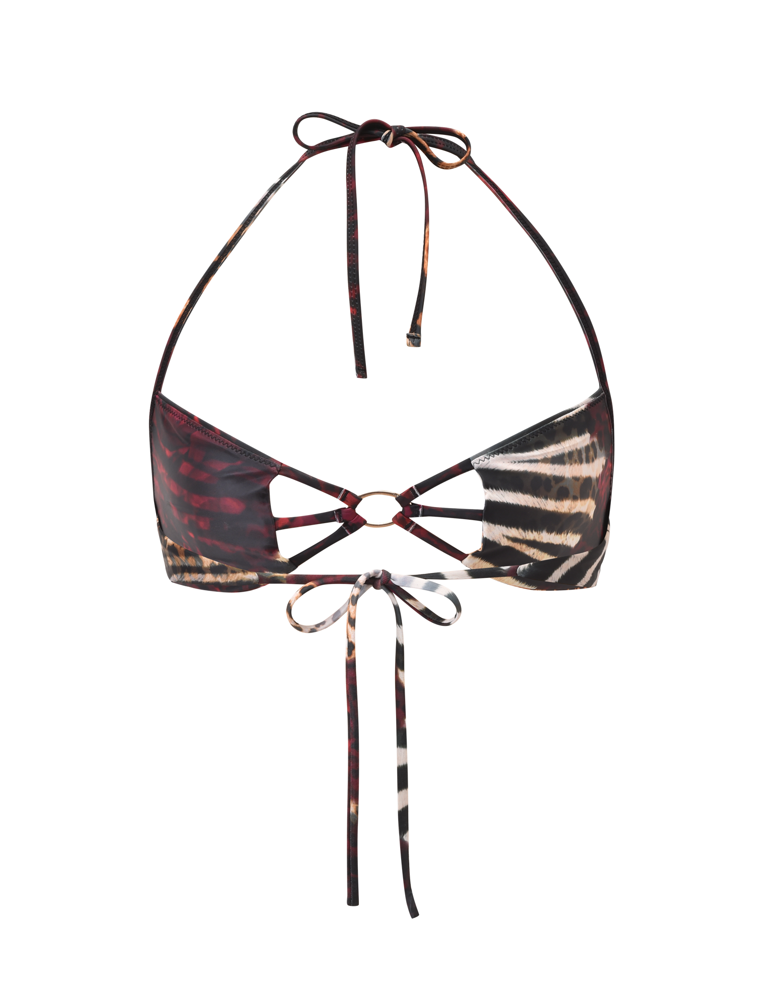 A close-up of the SHARLI BIKINI TOP by TIGERMIST in Mixed Animal Print, highlighting its exclusive design and vibrant, intricate detailing.