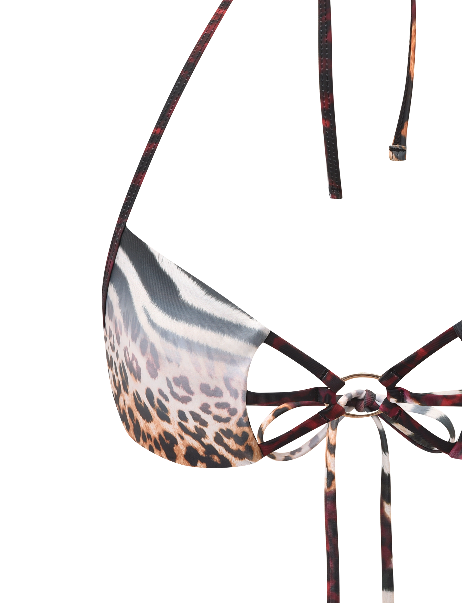 Close-up of the TIGERMIST SHARLI BIKINI TOP in mixed animal print, featuring thin shoulder straps and a gold ring detail at the center, set against a plain white background.
