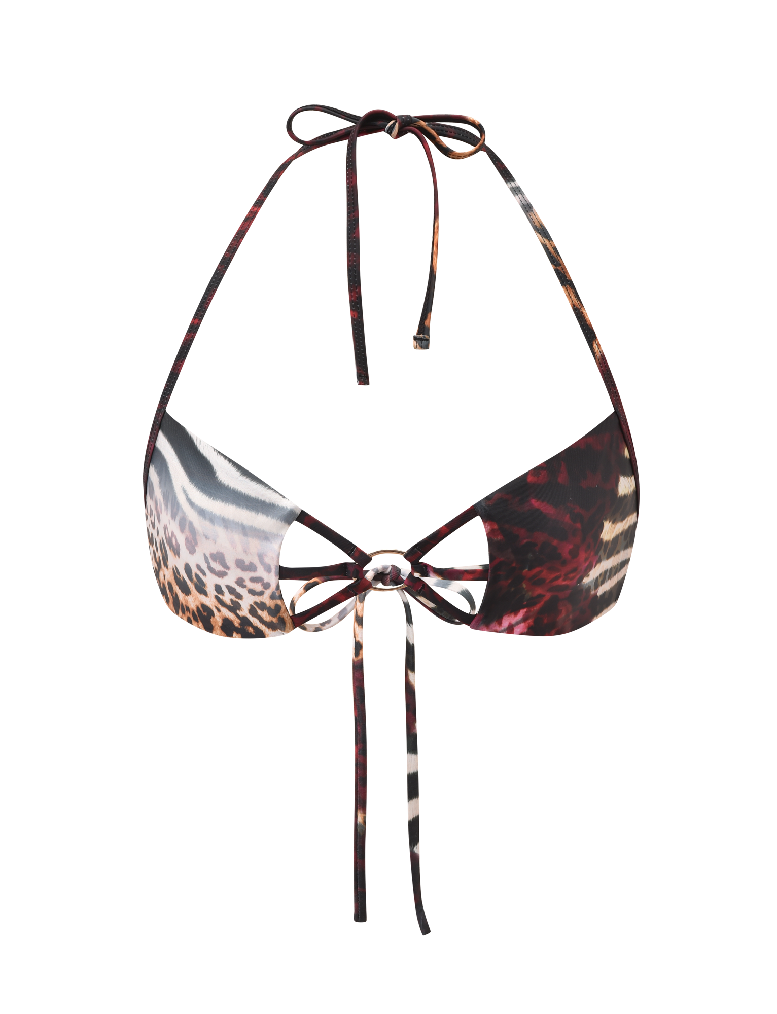 The SHARLI BIKINI TOP by TIGERMIST features a halter neck, tie front, and an exclusive mixed animal print in brown, black, white, and red on a plain white background.