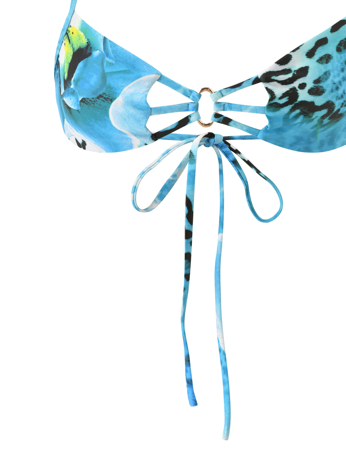 SHARLI BIKINI TOP - OCEAN ORCHID featuring a blue floral and leopard print, cutout details, and a center ring with dangling tie straps.