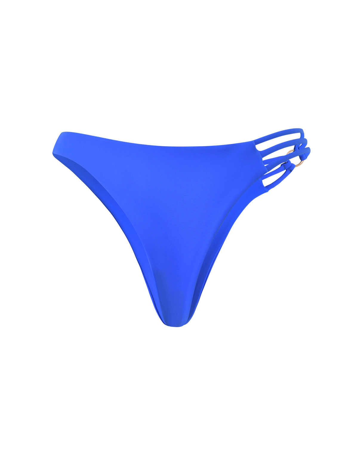 The SHARLI BIKINI BOTTOM by TIGERMIST in cobalt blue features a cheeky cut, triple strap detail on one side with a gold ring accent, and is shown on a plain white background.