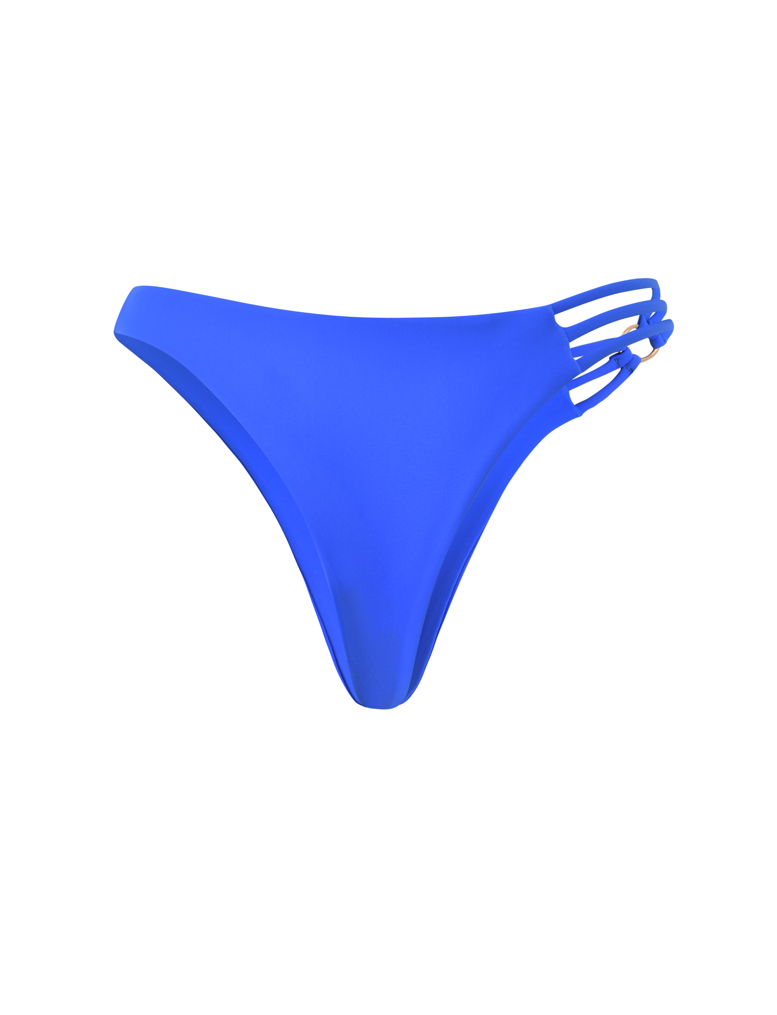 The SHARLI BIKINI BOTTOM by TIGERMIST in cobalt blue features a cheeky cut, triple strap detail on one side with a gold ring accent, and is shown on a plain white background.