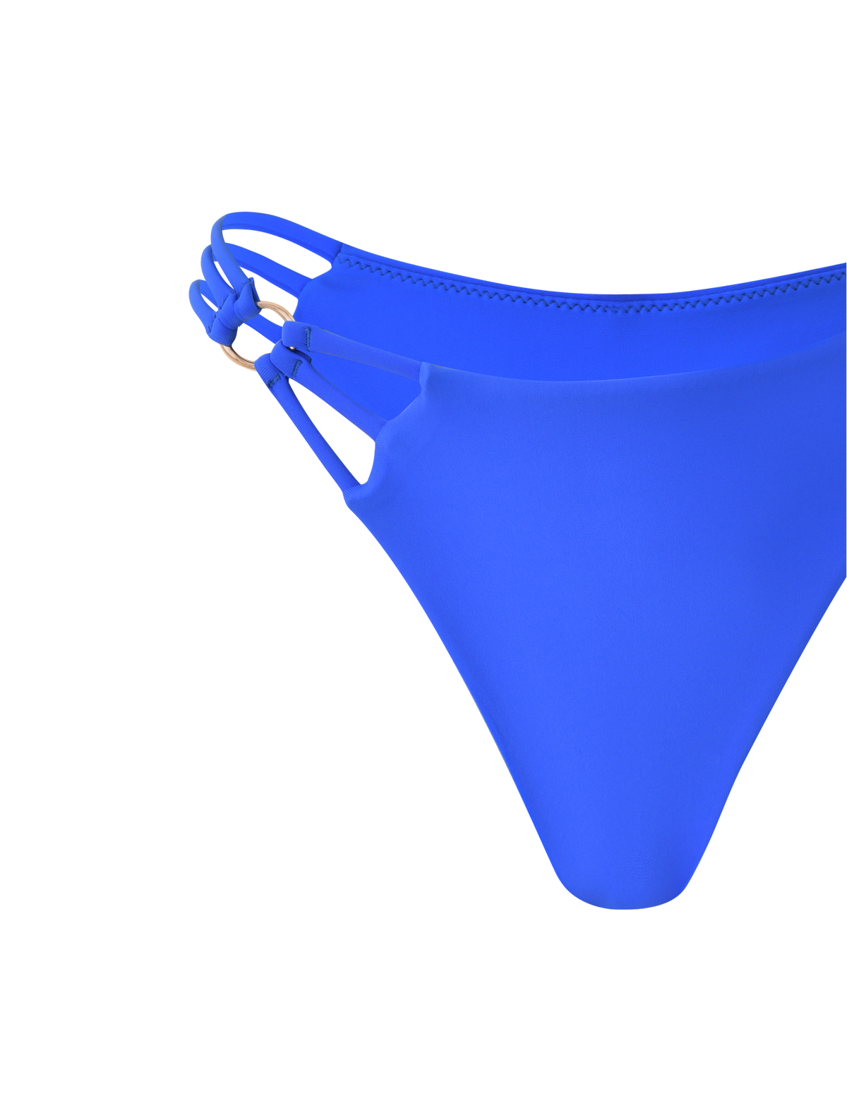 The TIGERMIST SHARLI BIKINI BOTTOM in cobalt blue features a cheeky cut and three thin side straps joined by a gold ring, displayed against a plain white background.