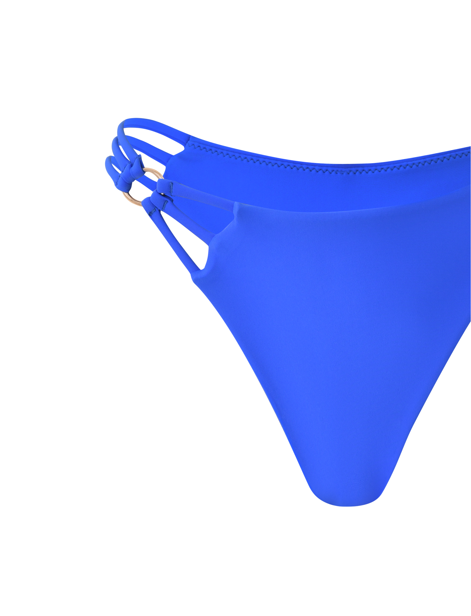 The TIGERMIST SHARLI BIKINI BOTTOM in cobalt blue features a cheeky cut and three thin side straps joined by a gold ring, displayed against a plain white background.