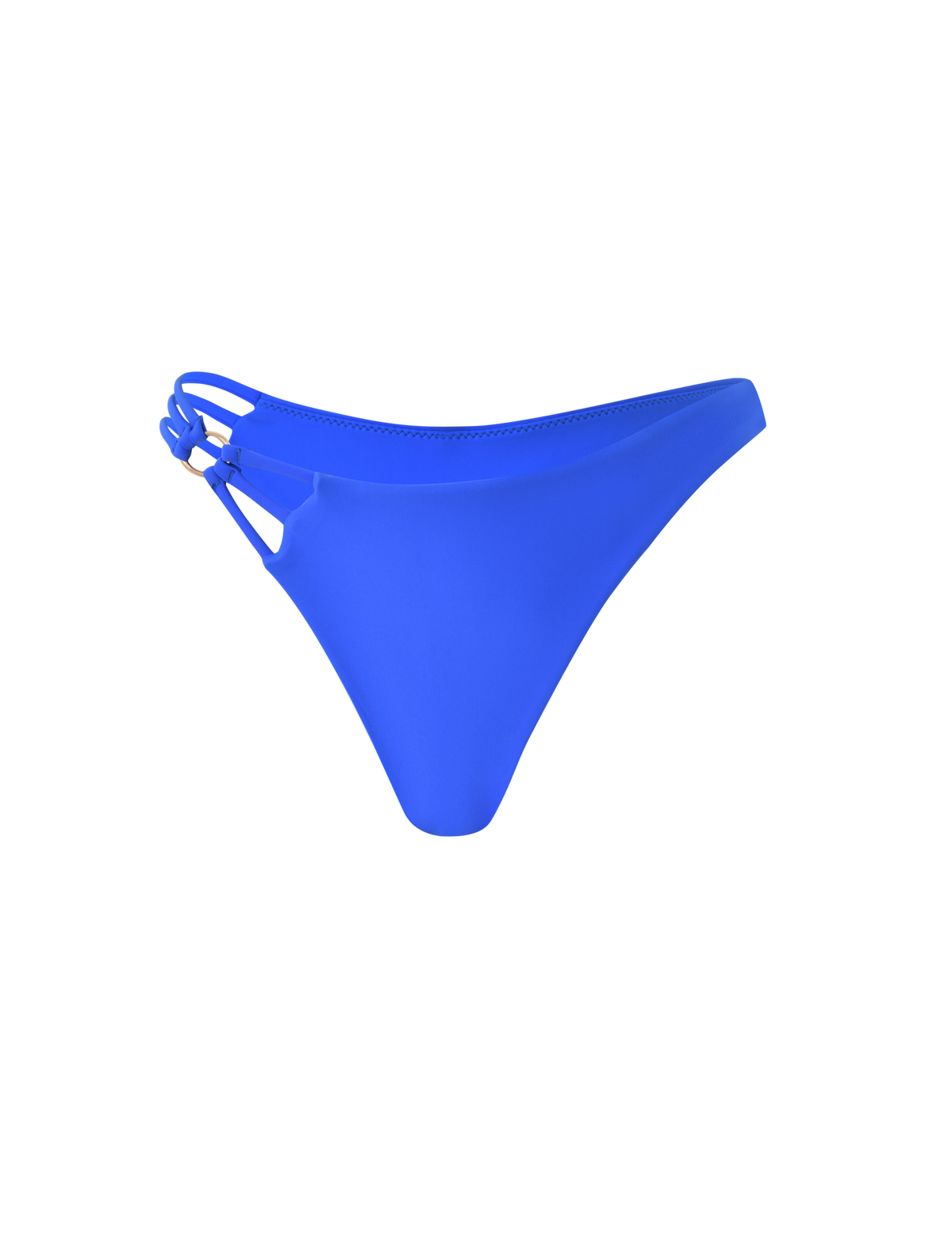 The SHARLI BIKINI BOTTOM by TIGERMIST in cobalt blue features a minimalist design with a cheeky cut, double side straps on the left, and a solid band on the right, shown against a plain light background.