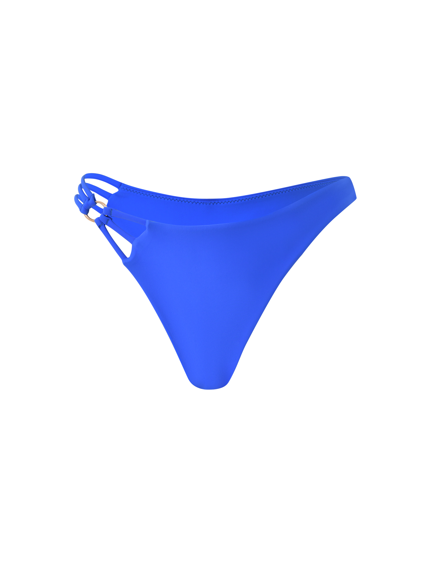 The SHARLI BIKINI BOTTOM by TIGERMIST in cobalt blue features a minimalist design with a cheeky cut, double side straps on the left, and a solid band on the right, shown against a plain light background.