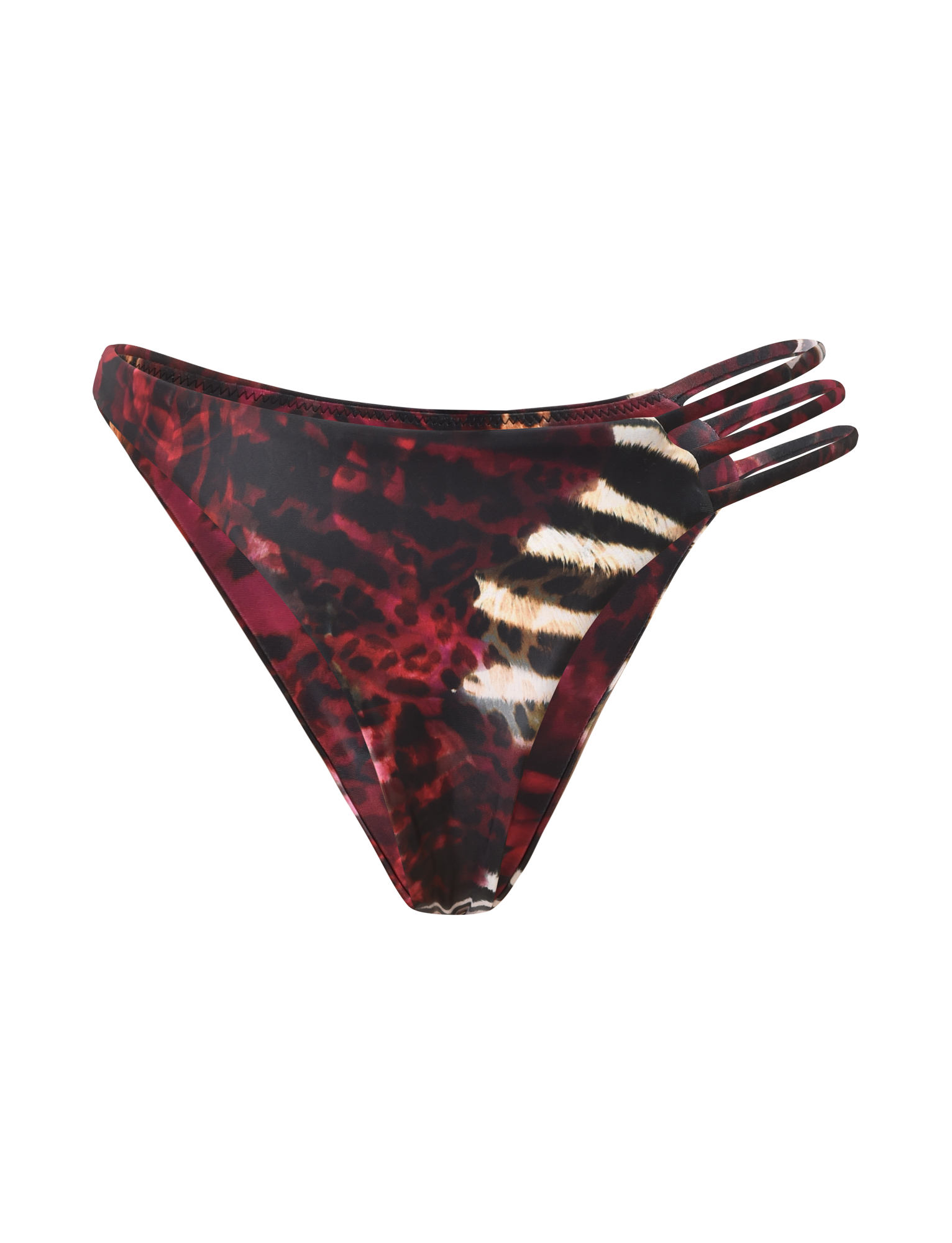 The SHARLI BIKINI BOTTOM by TIGERMIST features a mixed animal print in red and black with three thin side straps on one side and a cheeky fit, shown against a white background.