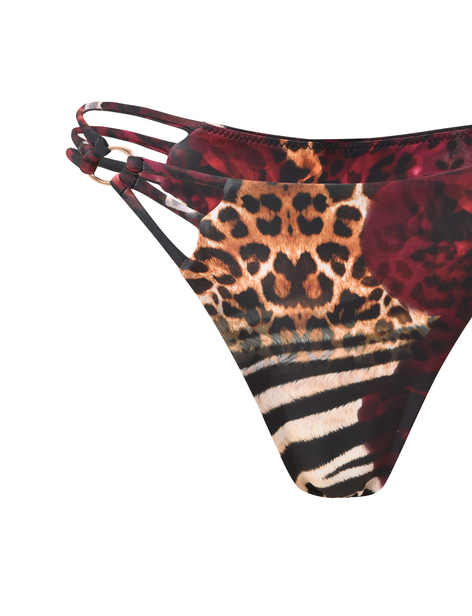 Close-up of the TIGERMIST SHARLI BIKINI BOTTOM - MIXED ANIMAL PRINT, featuring leopard spots and zebra stripes with triple side straps on one side, shown against a plain white background.