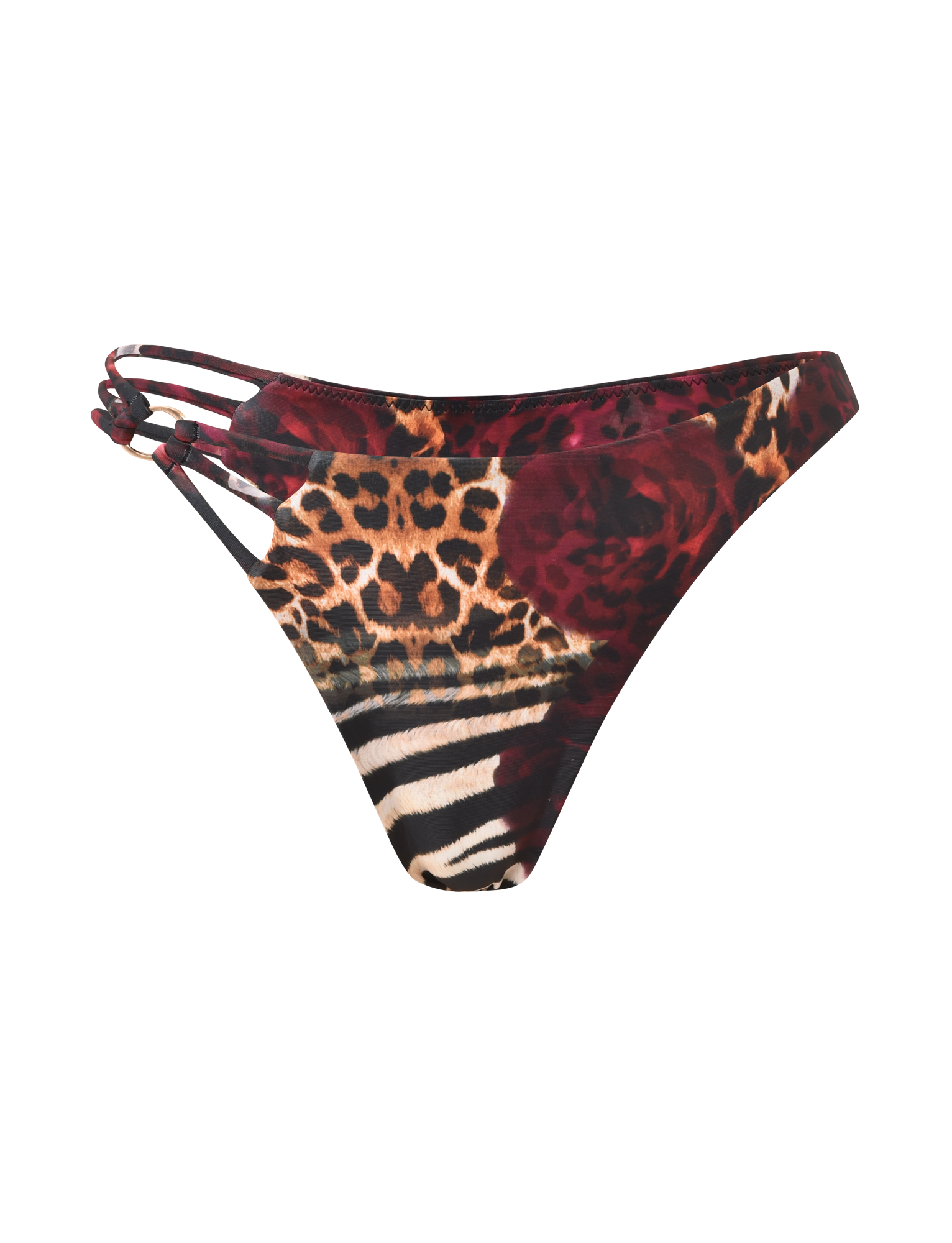 The TIGERMIST SHARLI BIKINI BOTTOM - MIXED ANIMAL PRINT features leopard spots, zebra stripes, and red roses with three thin side straps on one side for a bold look.