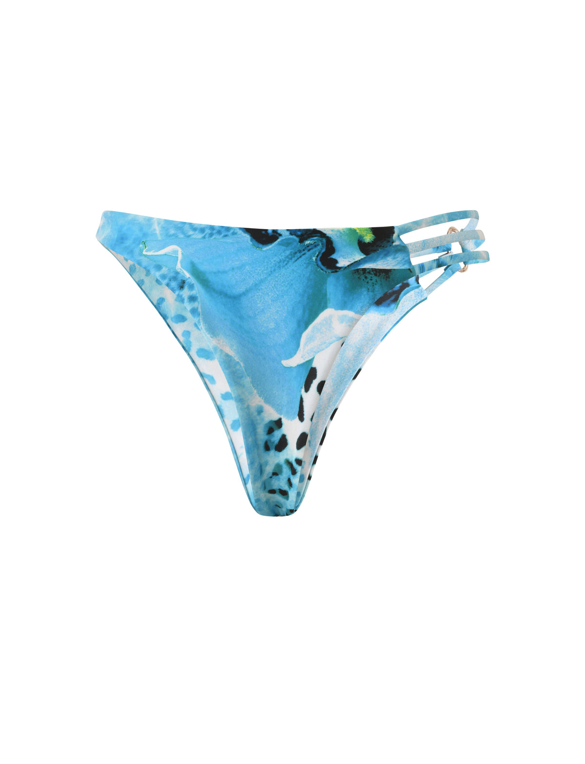 SHARLI BIKINI BOTTOM - OCEAN ORCHID high-cut cheeky bikini bottoms in a blue and white abstract print with triple side straps.