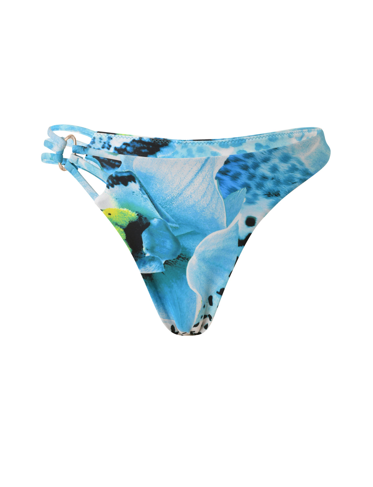 SHARLI BIKINI BOTTOM - OCEAN ORCHID high-cut cheeky bikini bottoms in a blue orchid print with multi-strap side detail connected by a gold ring.