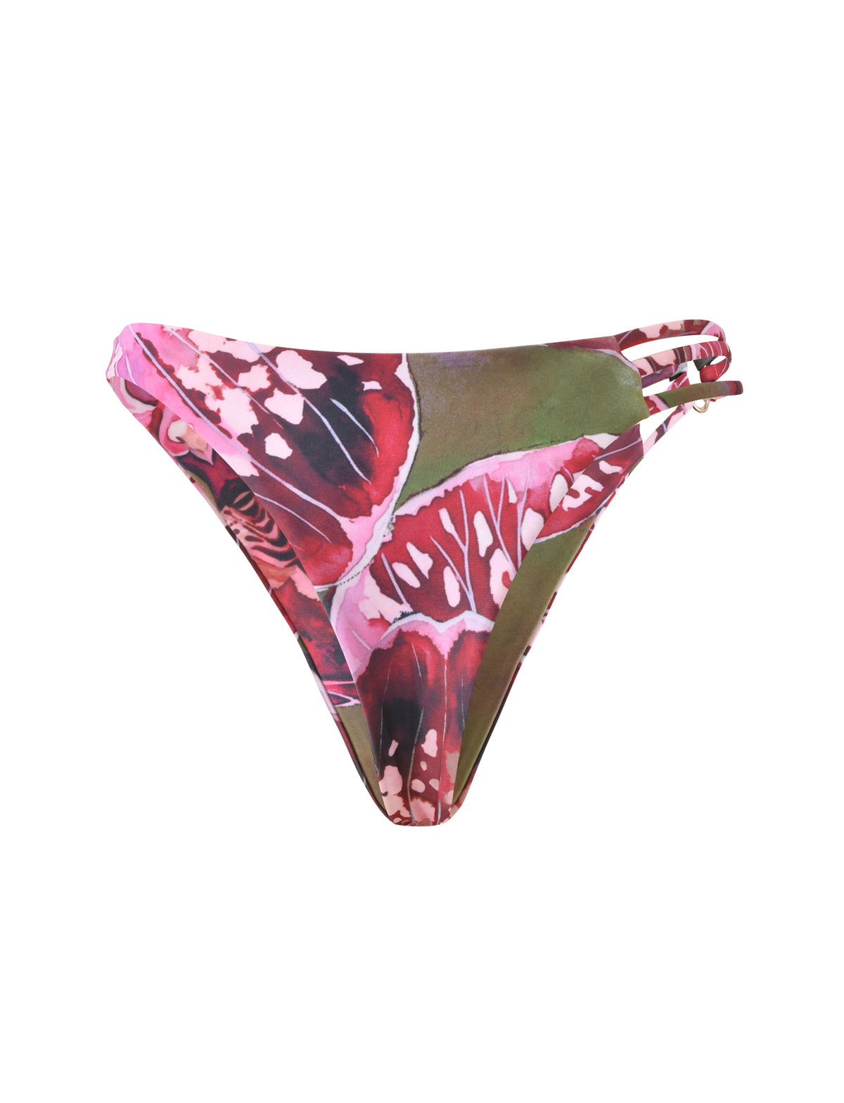 SHARLI BIKINI BOTTOM - VELVET BLOOM: High-cut, cheeky bikini bottom featuring a pink and green butterfly wing print and triple-strap side detail.
