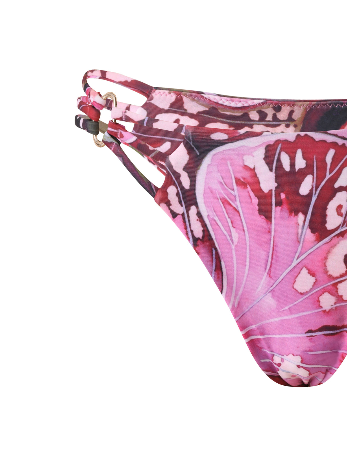 SHARLI BIKINI BOTTOM - VELVET BLOOM cheeky bikini bottom featuring a pink and purple butterfly wing print with gold-tone hardware side connectors.