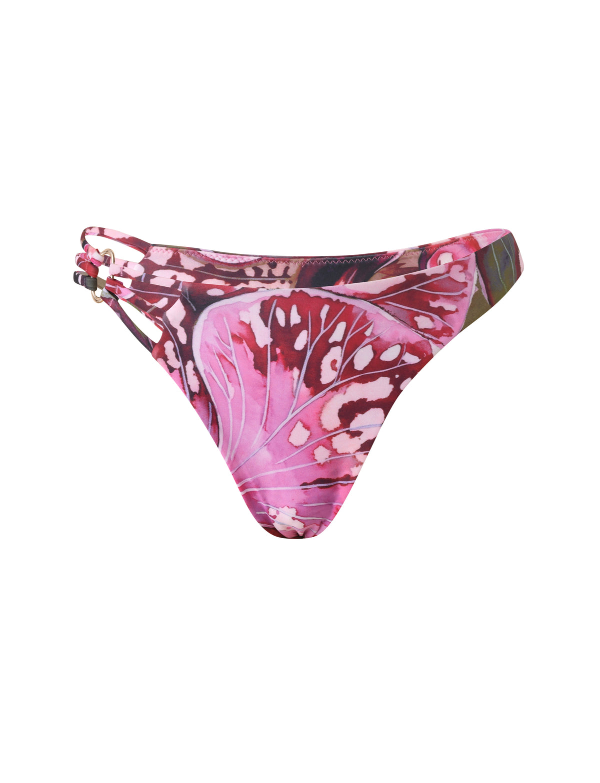 TIGERMIST SHARLI BIKINI BOTTOM - VELVET BLOOM: High-cut cheeky bikini bottom in a pink and purple butterfly wing print, featuring thin side straps with gold-tone metal rings.