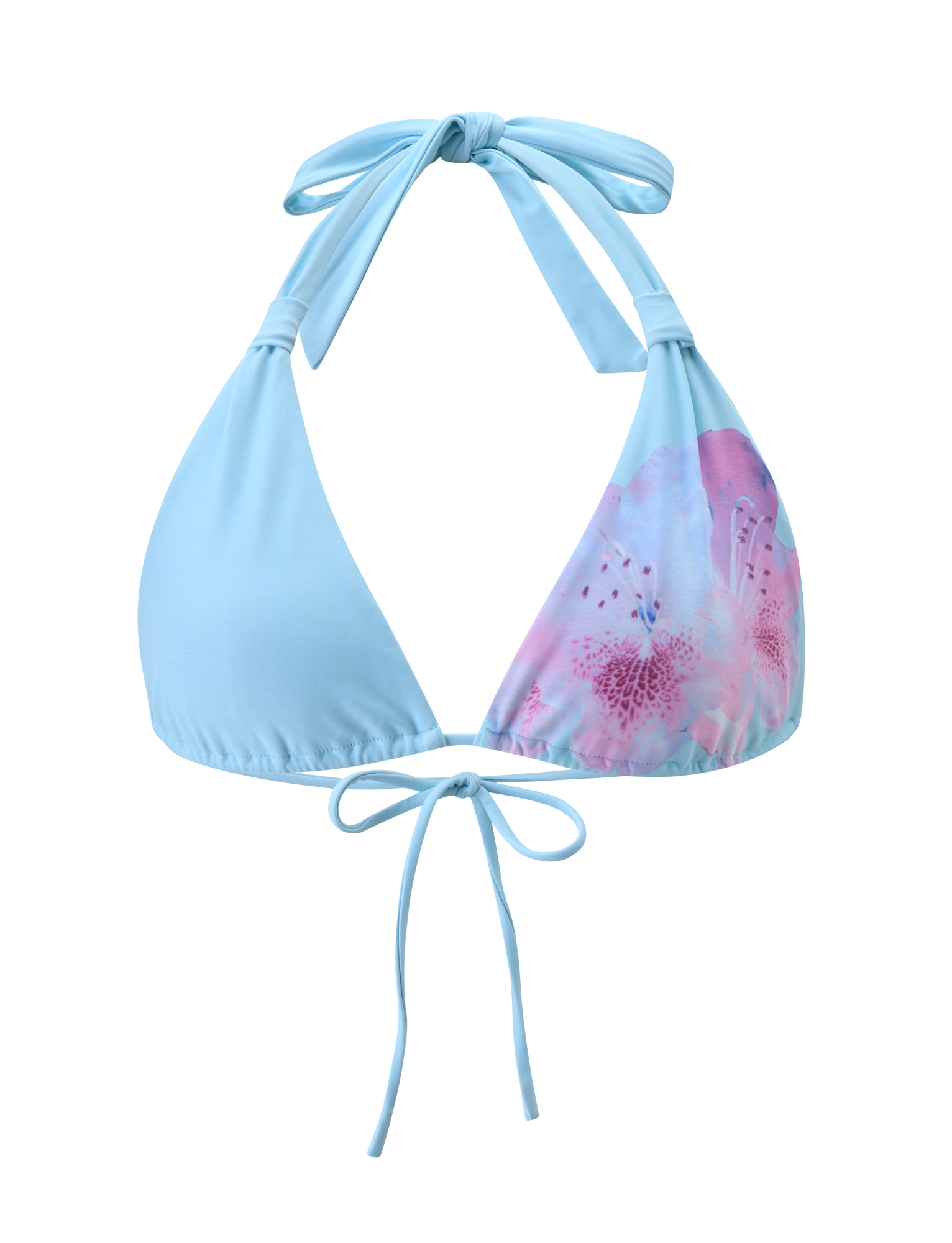 The TIGERMIST SID BIKINI TOP - BLUE features a light blue halter neck design with back ties, showcasing a pink and purple floral print on one cup and solid blue on the other for a stylish, adjustable beach look.